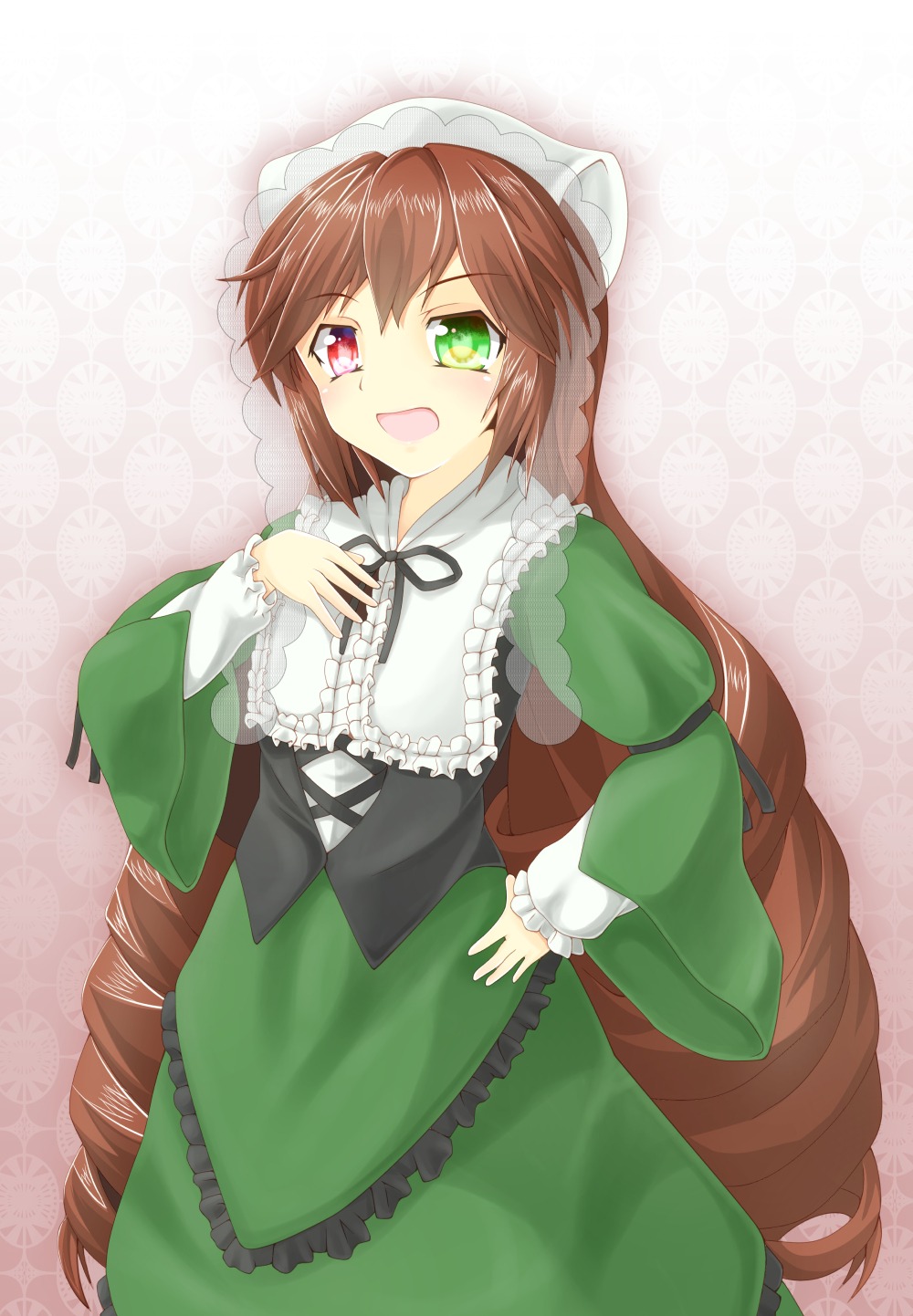 1girl brown_hair dress frills green_dress green_eyes heterochromia image long_hair long_sleeves looking_at_viewer open_mouth red_eyes ribbon smile solo suiseiseki very_long_hair