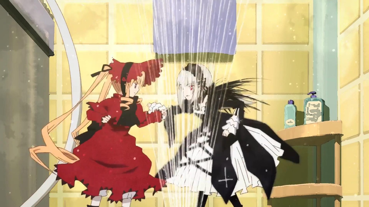 curtains dress image indoors long_hair long_sleeves multiple_girls pair red_eyes red_hair shinku standing suigintou twintails window