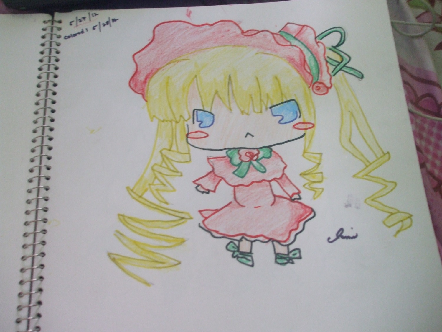 1girl blonde_hair blue_eyes bow bowtie colored_pencil_(medium) dress drill_hair full_body image leaf long_hair long_sleeves marker_(medium) photo shikishi shinku simple_background solo traditional_media twin_drills twintails watercolor_(medium)