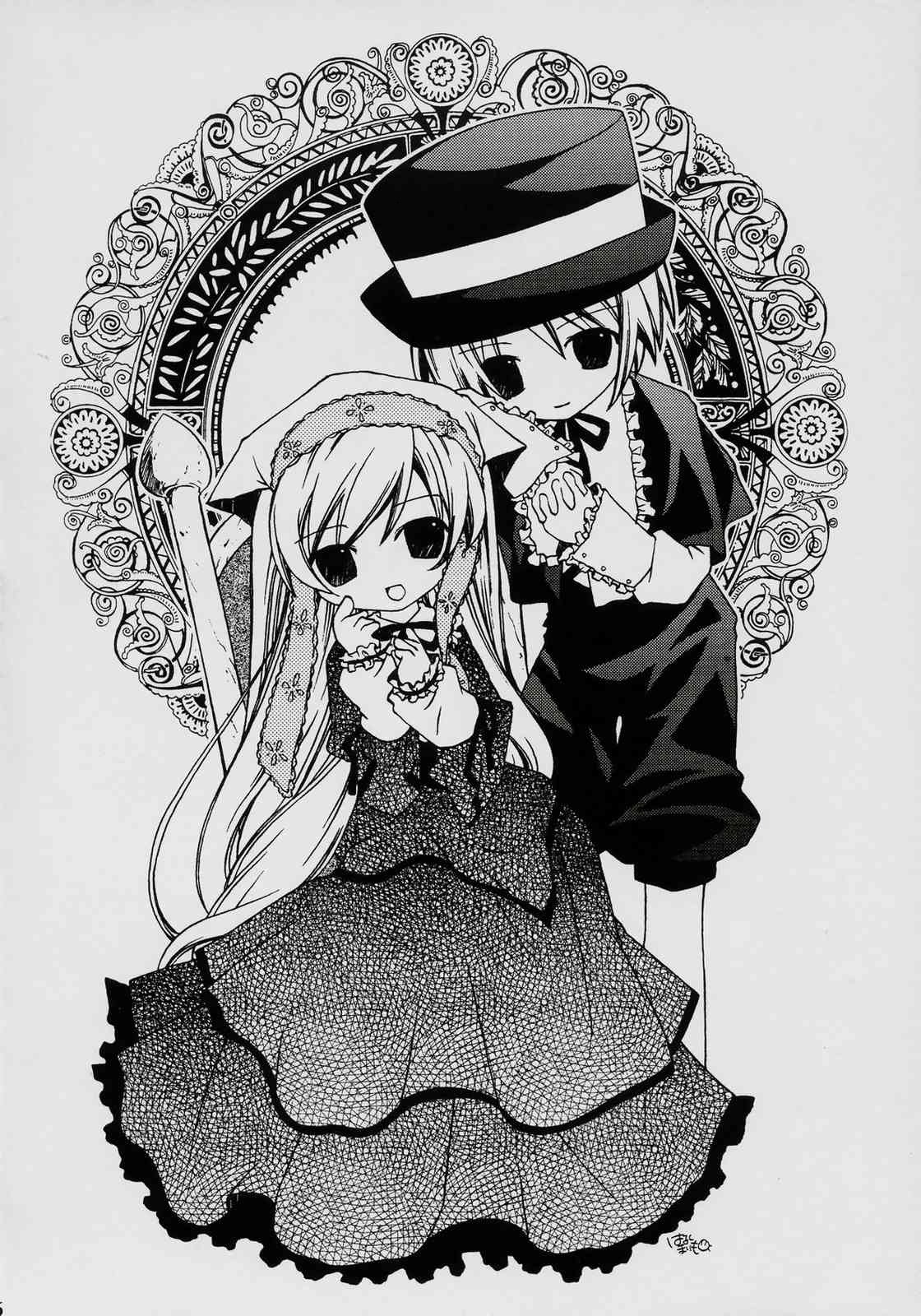 2girls dress greyscale hairband hat image lolita_fashion long_hair long_sleeves looking_at_viewer monochrome multiple_girls open_mouth pair polka_dot ribbon short_hair siblings sisters smile souseiseki suiseiseki top_hat very_long_hair