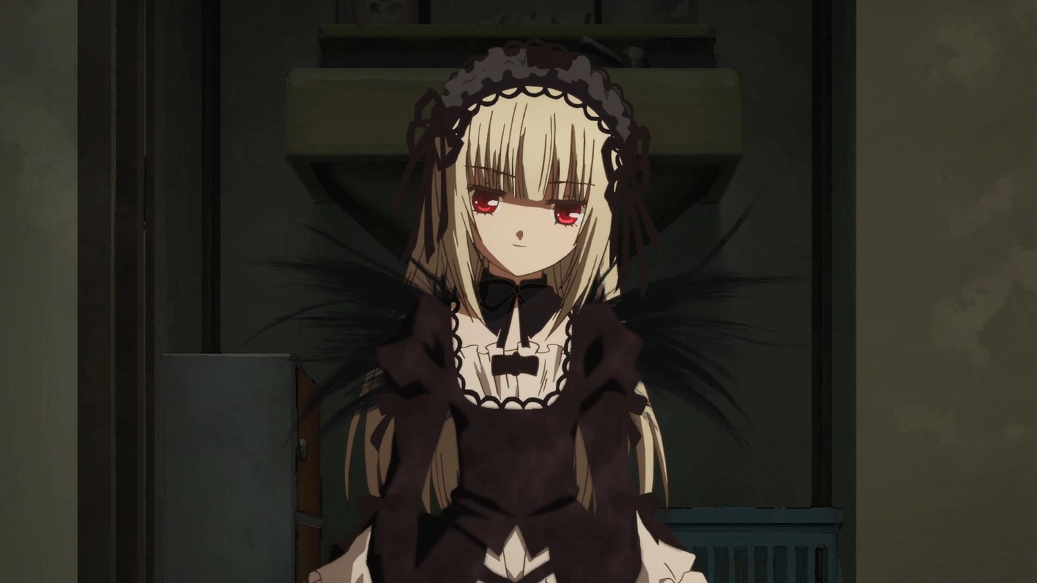 1girl auto_tagged bangs black_dress dress frills gothic_lolita hairband image juliet_sleeves lolita_fashion long_hair long_sleeves looking_at_viewer red_eyes ribbon solo suigintou