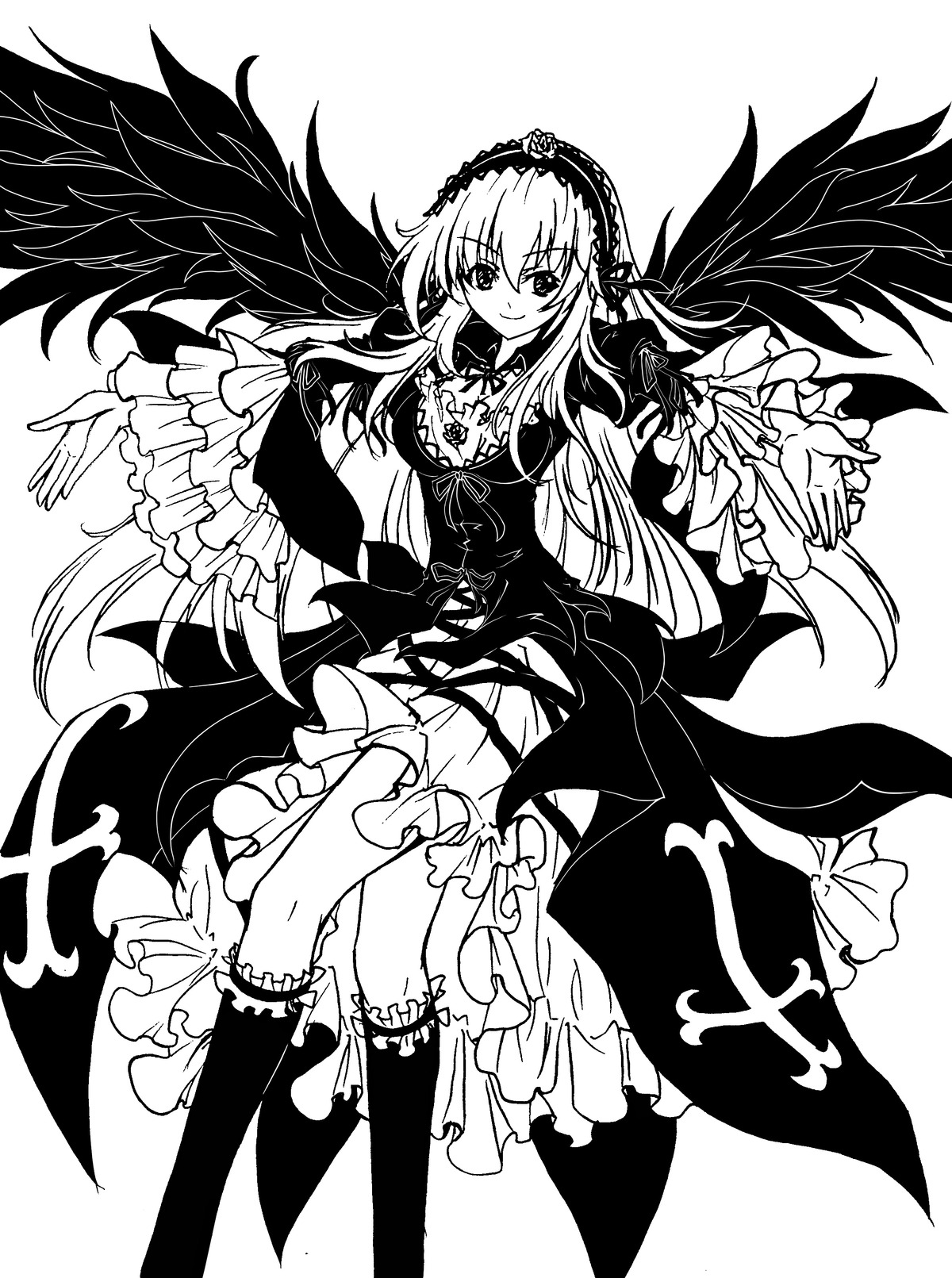 1girl boots dress frilled_sleeves frills greyscale hairband image long_hair long_sleeves looking_at_viewer monochrome smile solo suigintou very_long_hair white_background wings