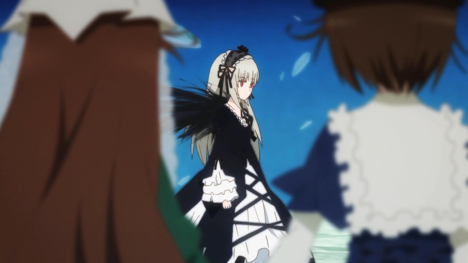 1boy 1girl black_dress blurry blurry_background blurry_foreground depth_of_field dress frills hairband image lolita_hairband long_hair long_sleeves looking_at_another motion_blur multiple red_eyes suigintou tagme