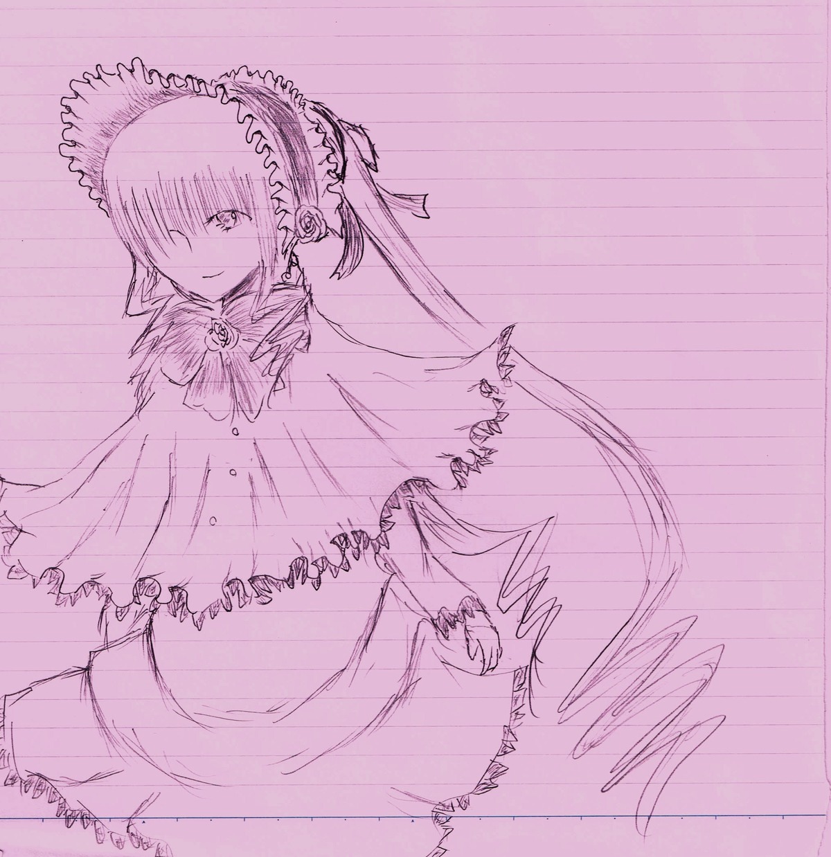 1girl bow bowtie dress hairband image long_hair long_sleeves looking_at_viewer monochrome pink_theme shinku sketch smile solo standing