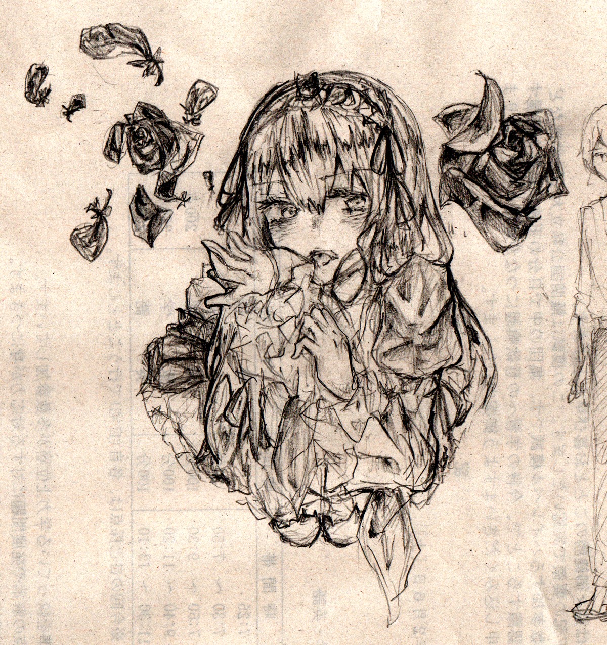 1girl bug butterfly dress fellatio flower image insect licking long_sleeves looking_at_viewer monochrome rose solo suigintou tongue traditional_media