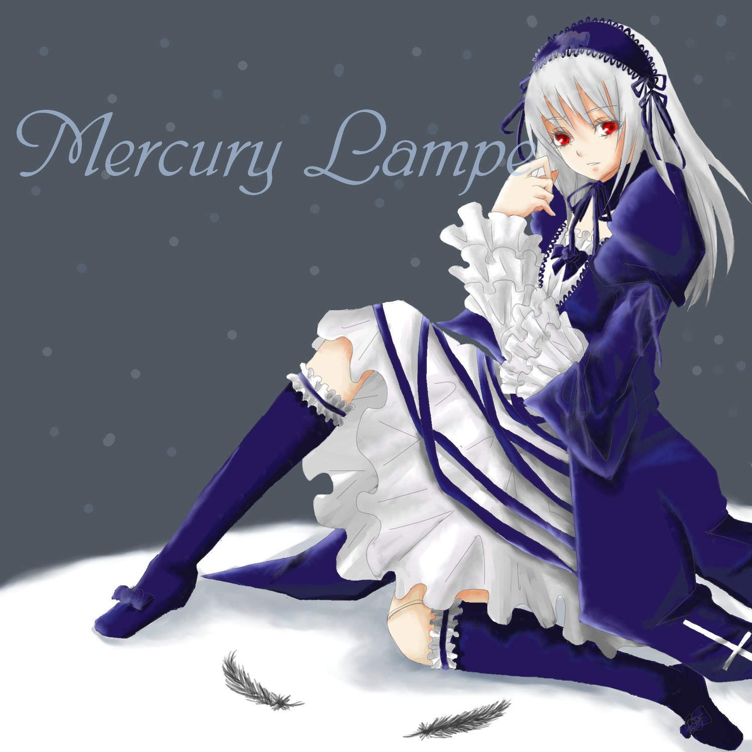 1girl boots dress feathers frills full_body hairband image juliet_sleeves kneehighs long_hair long_sleeves looking_at_viewer puffy_sleeves red_eyes silver_hair sitting solo suigintou wings