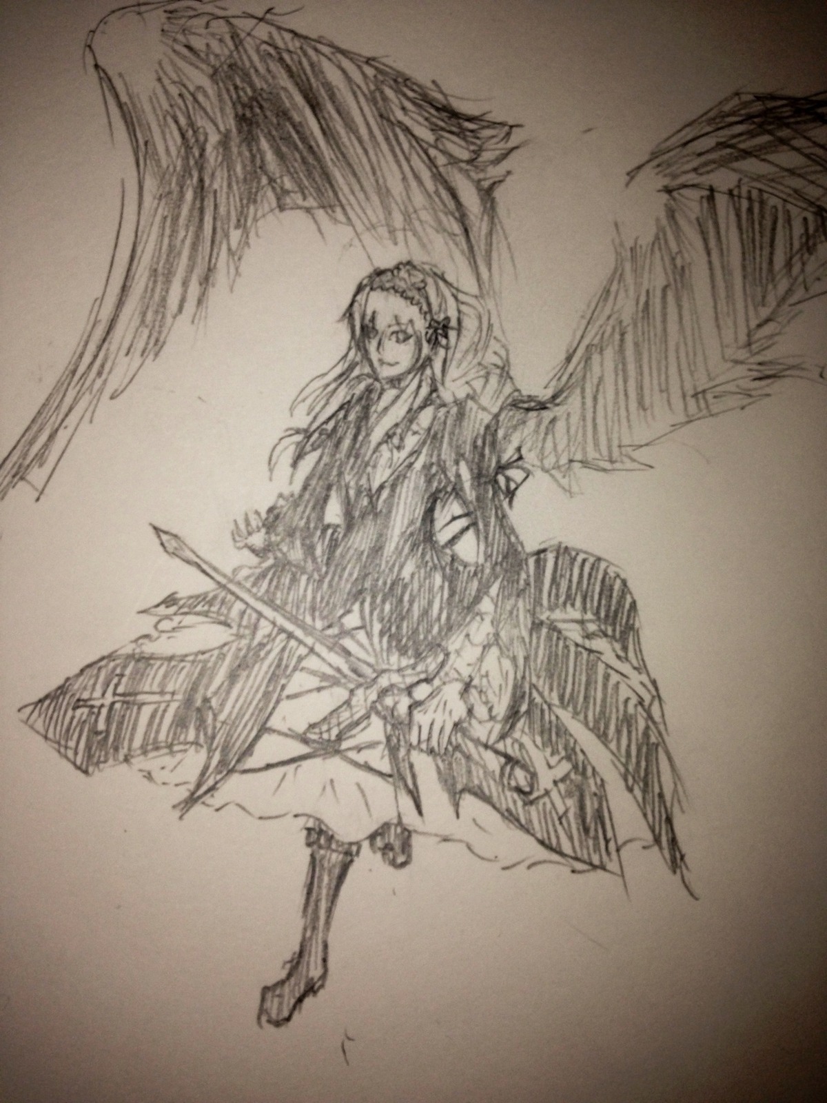 1girl boots dress feathered_wings full_body hairband image long_hair long_sleeves looking_at_viewer monochrome sketch solo standing suigintou traditional_media wings