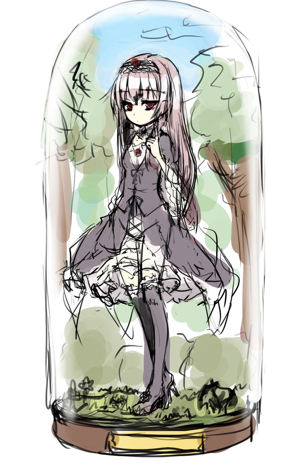 1girl bangs black_legwear closed_mouth dress eyebrows_visible_through_hair full_body hairband image long_hair long_sleeves looking_at_viewer red_eyes sketch solo standing suigintou thighhighs very_long_hair