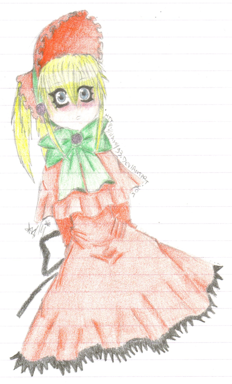 1girl auto_tagged blonde_hair bonnet bow bowtie capelet dress green_bow green_neckwear image long_sleeves looking_at_viewer shinku simple_background solo standing white_background