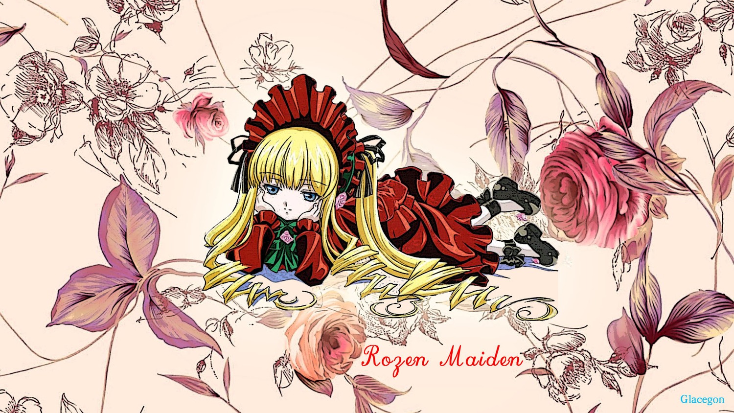 1girl blonde_hair blue_eyes bonnet bow bowtie dress flower frills image long_hair long_sleeves looking_at_viewer red_dress rose shinku solo teacup twintails