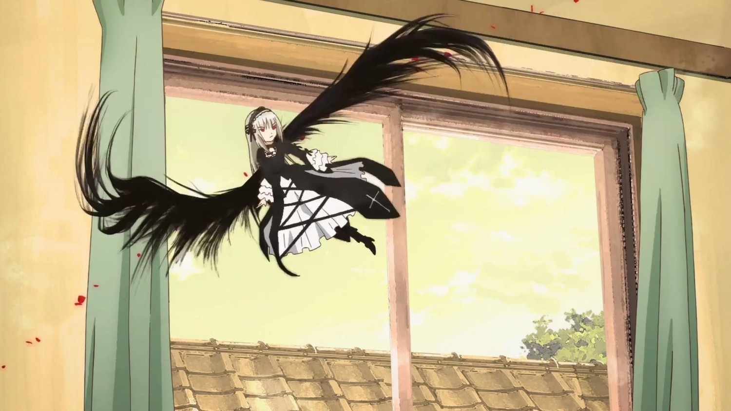 1girl black_dress black_wings dress feathers flower hairband image long_hair long_sleeves looking_at_viewer ribbon rose silver_hair solo standing suigintou very_long_hair window wings