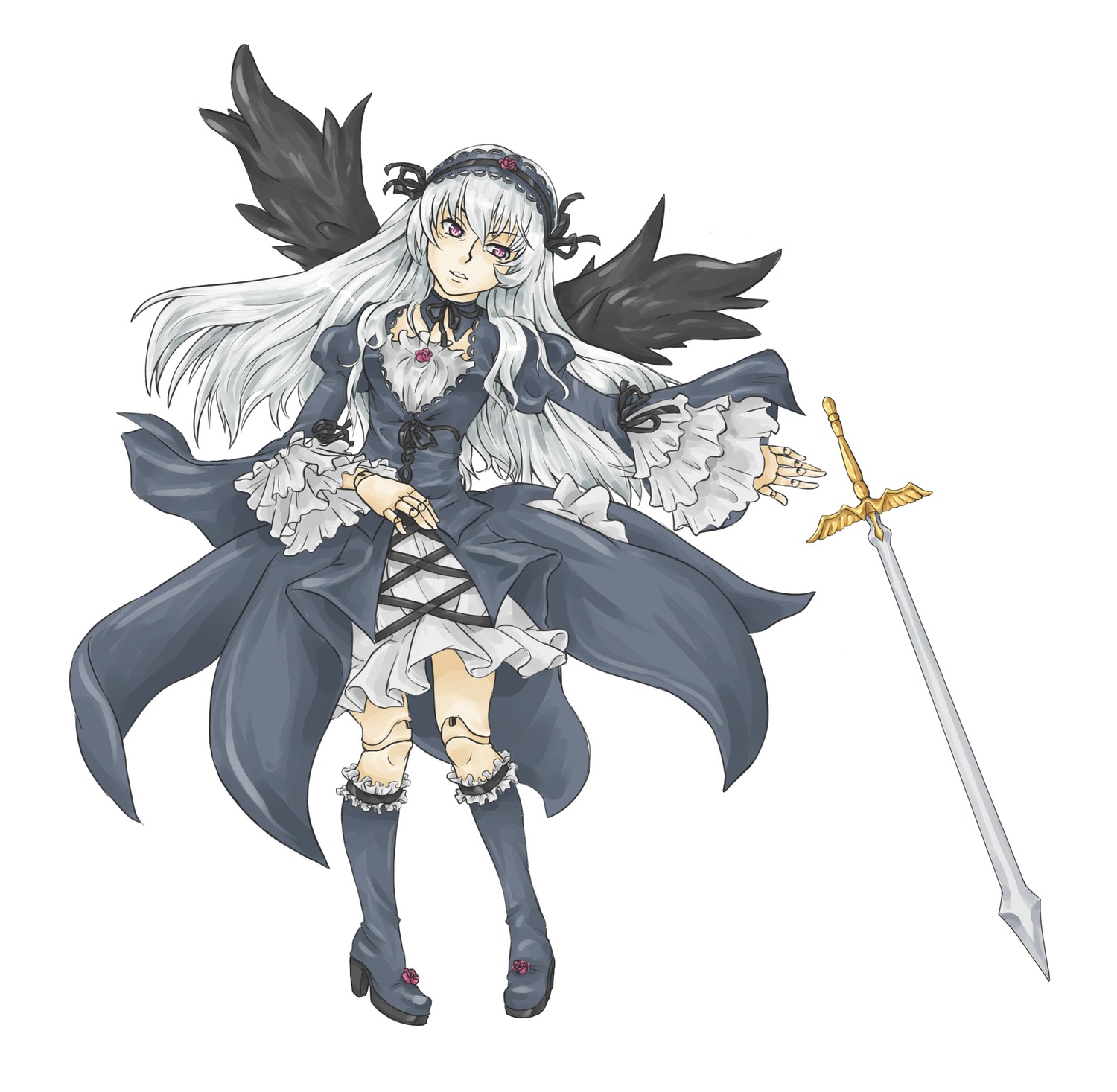 1girl black_wings boots dress flower frilled_sleeves frills hairband image knee_boots long_hair long_sleeves pink_eyes rose silver_hair solo standing suigintou weapon white_background wings