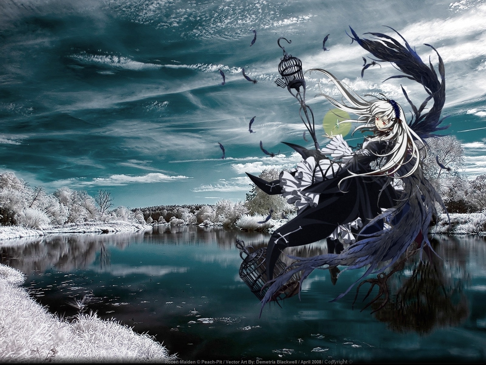 1girl bandages bird cloud dress feathers floating_hair hairband image long_hair looking_at_viewer ocean outdoors red_eyes sky solo standing suigintou very_long_hair water waves weapon white_hair