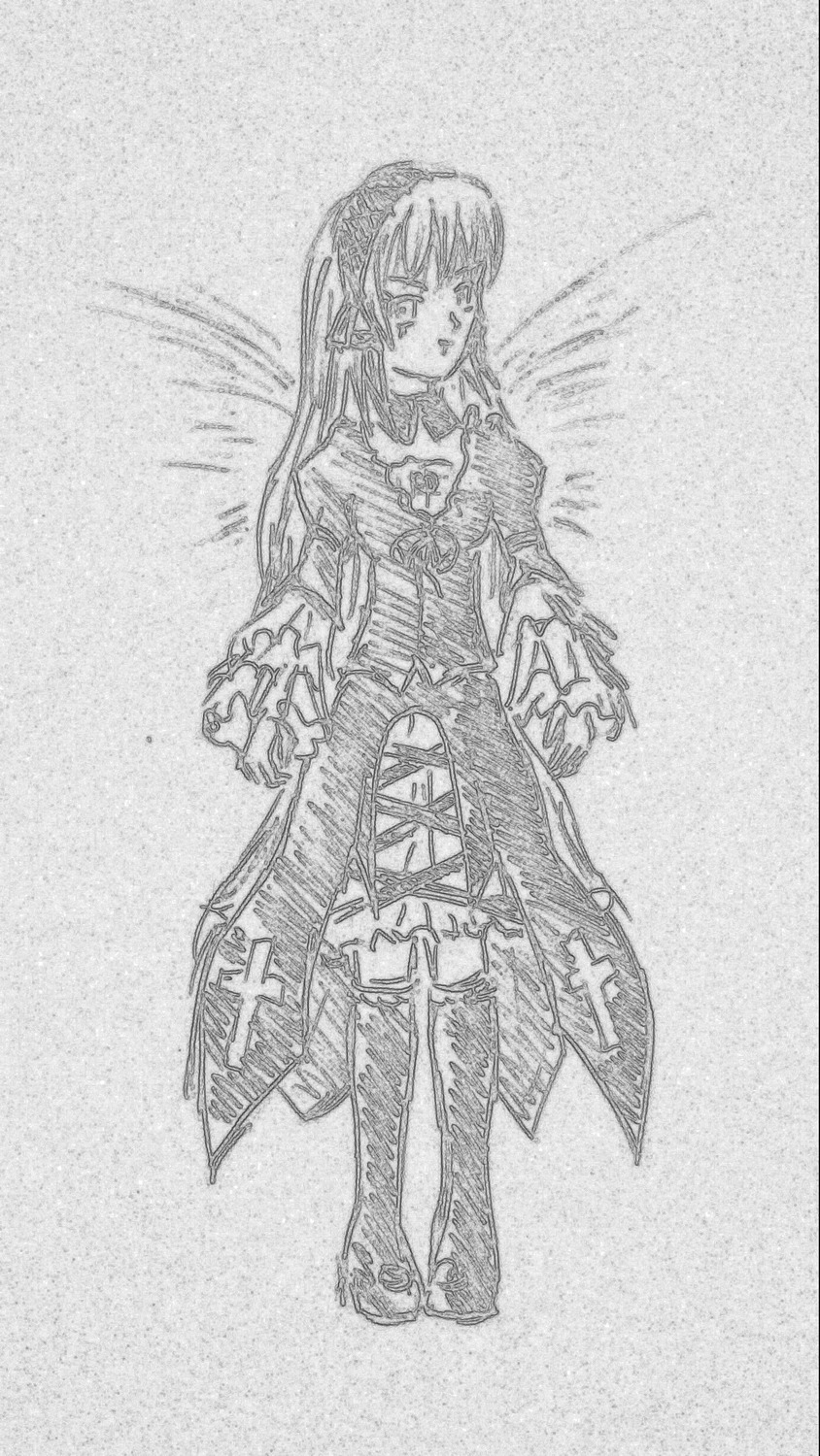 1girl boots dress full_body greyscale image long_hair long_sleeves monochrome sketch solo standing suigintou thigh_boots thighhighs traditional_media