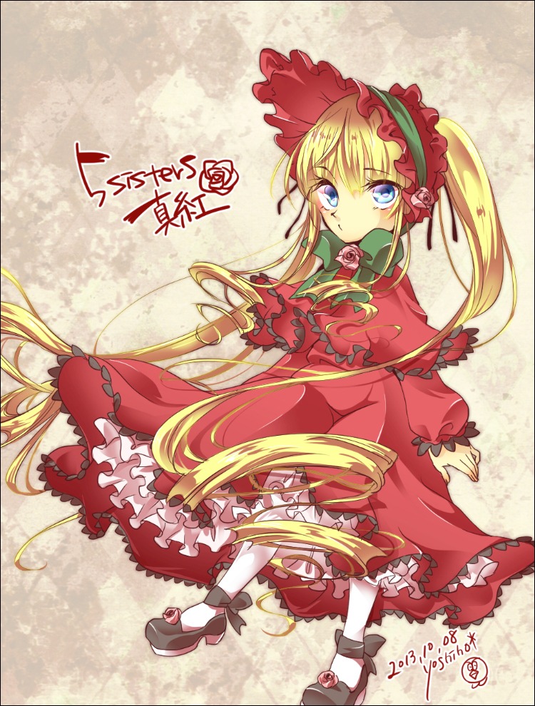 1girl blonde_hair blue_eyes bonnet bow capelet dress flower frills full_body image long_hair long_sleeves looking_at_viewer pantyhose red_capelet red_dress rose shinku shoes solo twintails very_long_hair white_legwear