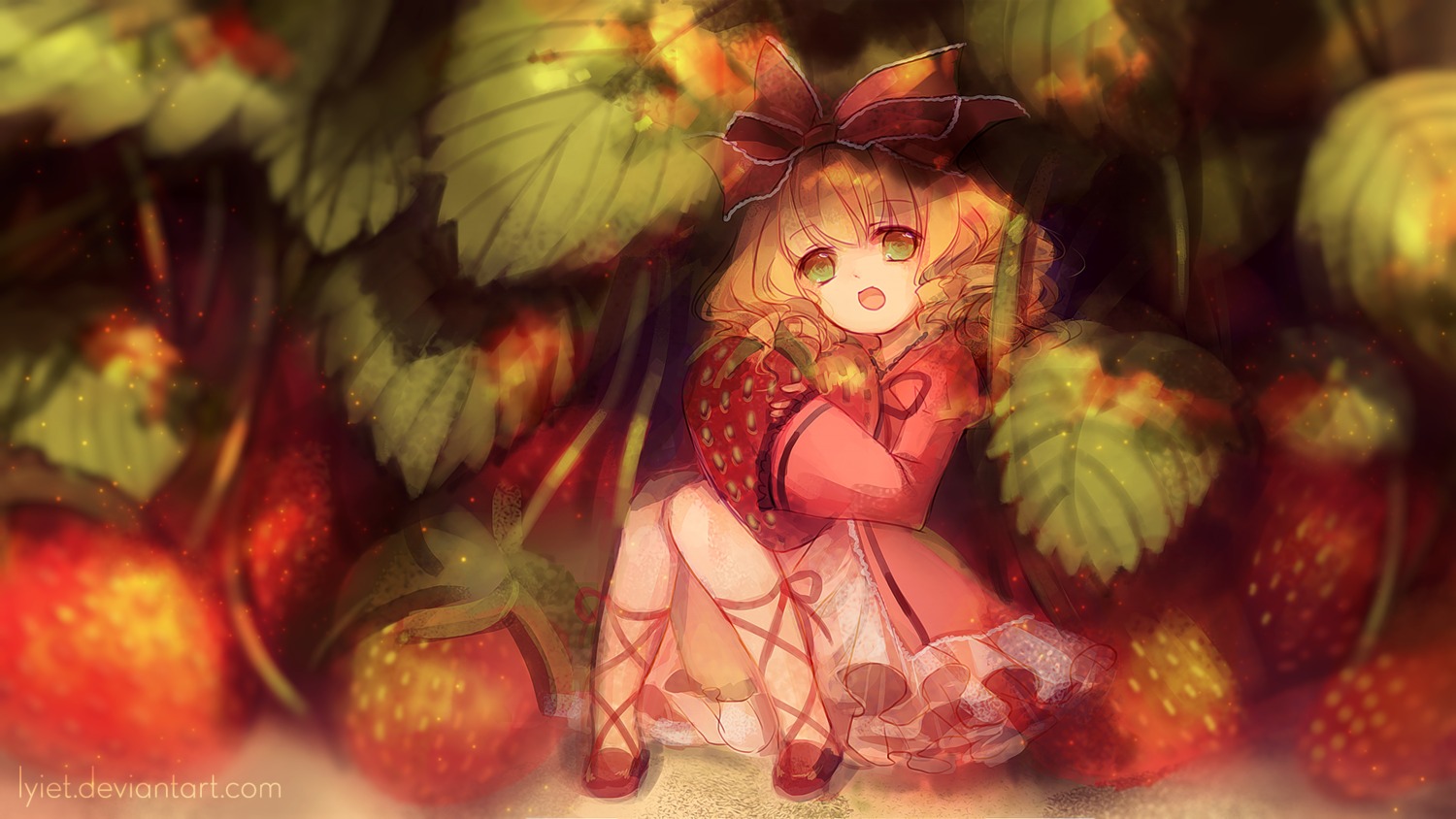 1girl artist_name blonde_hair blurry bow curly_hair depth_of_field dress flower food fruit green_eyes hair_bow hina_ichigo hinaichigo image long_sleeves looking_at_viewer open_mouth red_footwear ribbon short_hair solo wings