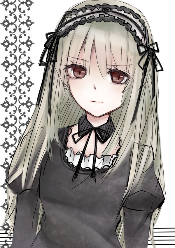 1girl bangs black_dress black_ribbon closed_mouth dress eyebrows_visible_through_hair hair_between_eyes hairband image long_hair long_sleeves looking_at_viewer neck_ribbon puffy_sleeves ribbon simple_background solo suigintou upper_body white_background