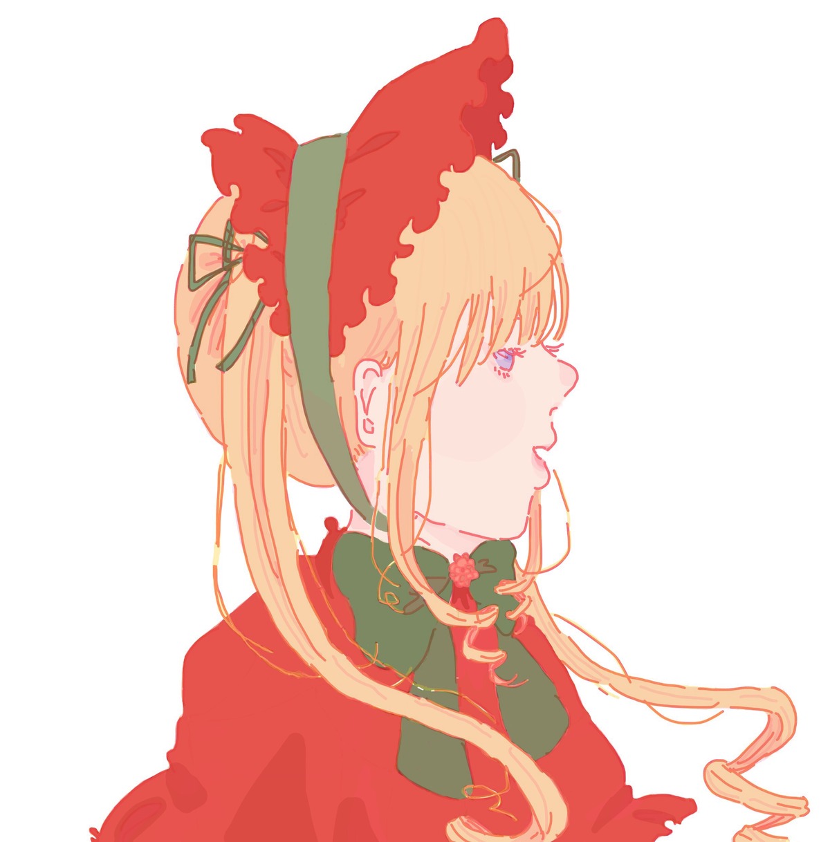 1girl blonde_hair blue_eyes bonnet bow dress drill_hair flower image long_hair looking_afar looking_away profile shinku simple_background solo striped striped_background upper_body white_background