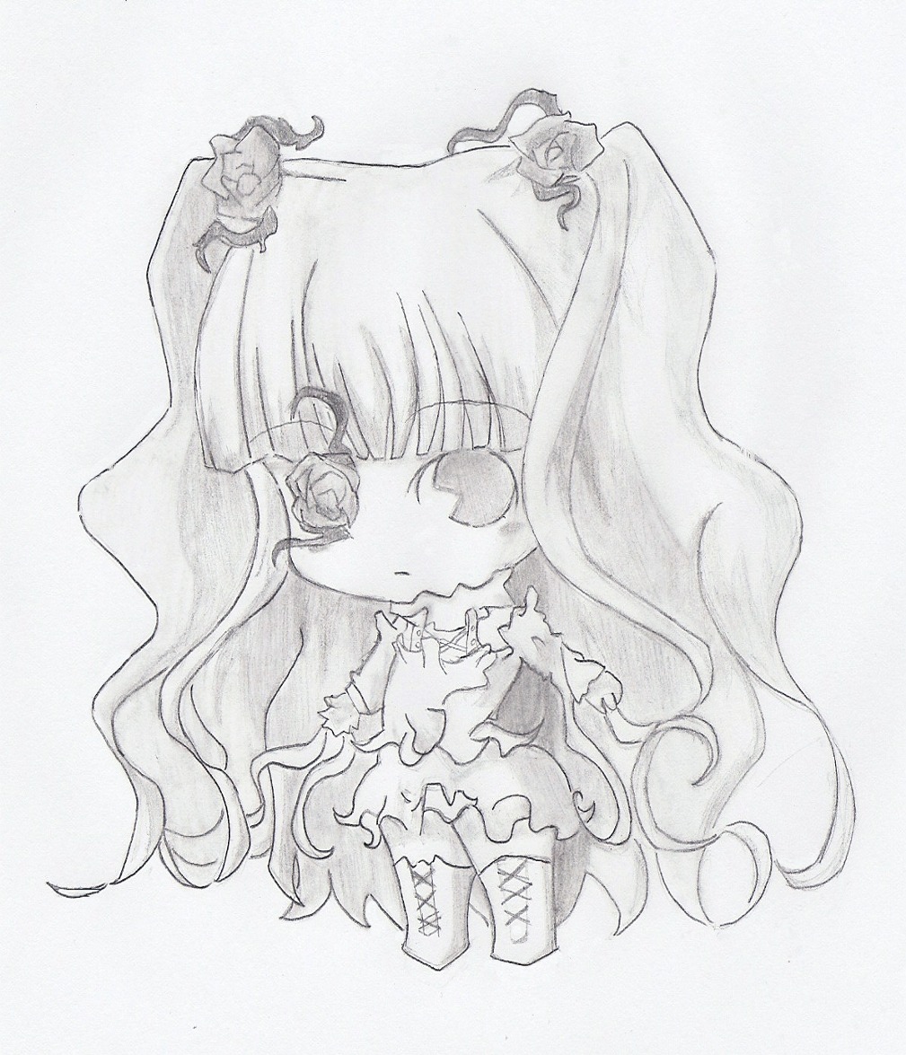 1girl bangs boots dress flower full_body hair_ornament image kirakishou long_hair monochrome rose solo striped traditional_media