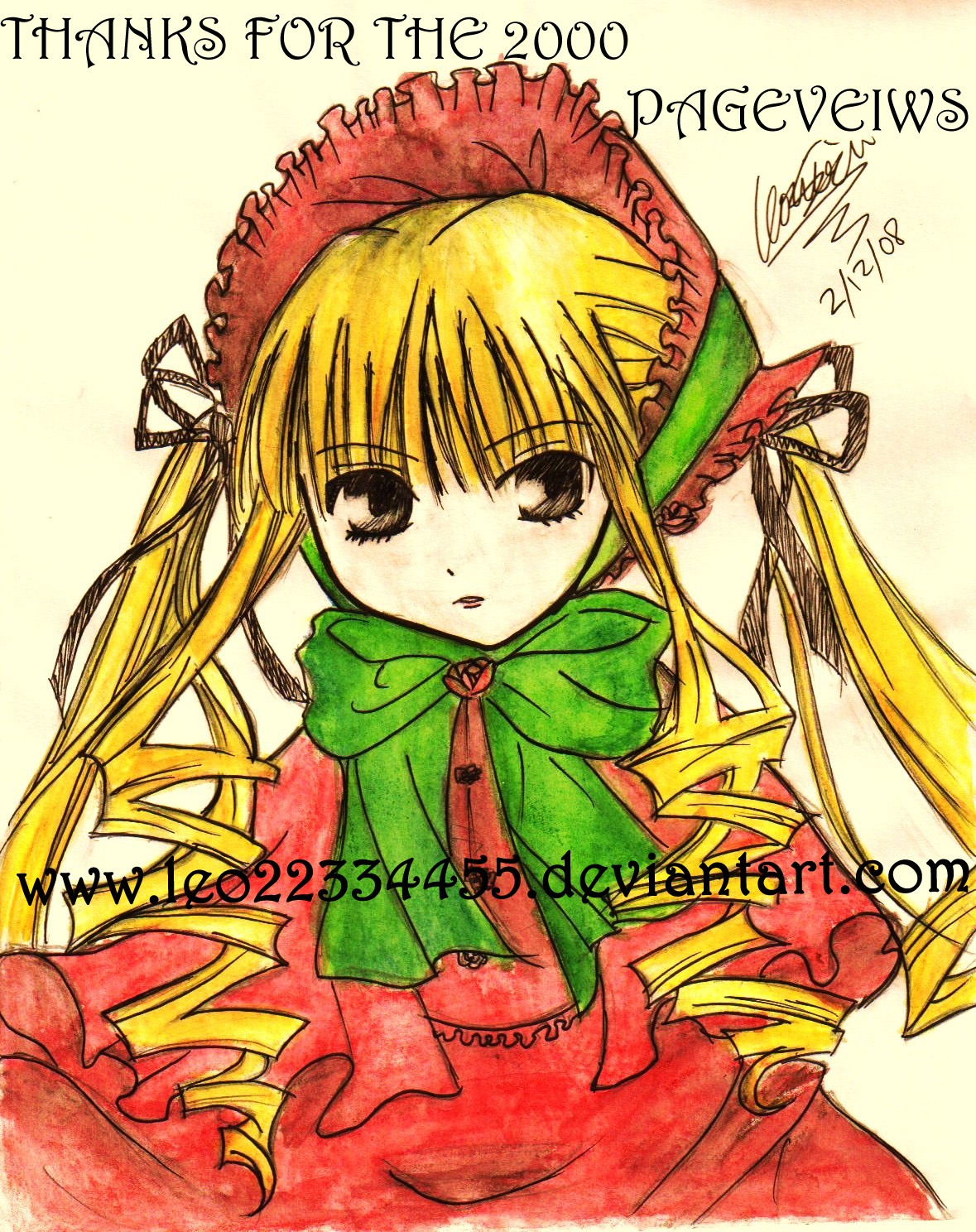 1girl blonde_hair bonnet bow bowtie dress image long_hair long_sleeves looking_at_viewer red_dress shinku simple_background solo traditional_media twintails very_long_hair yellow_background