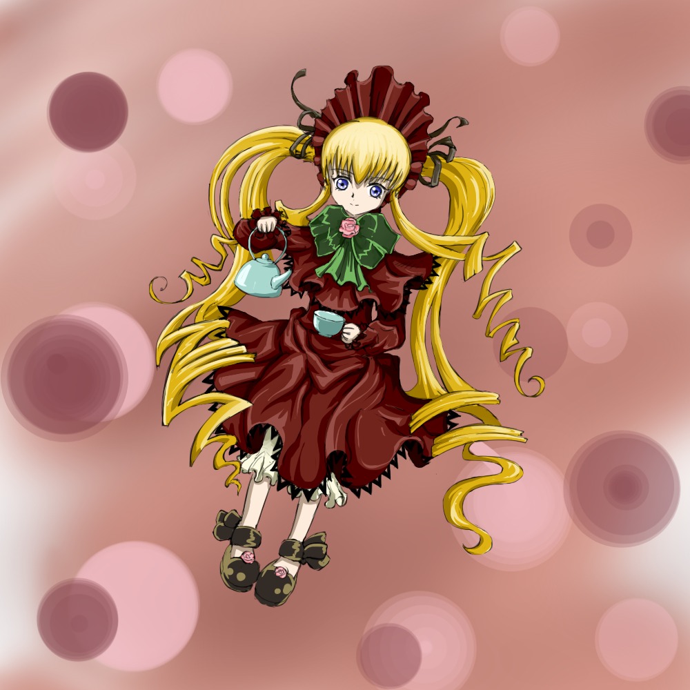 1girl auto_tagged blonde_hair blue_eyes bonnet bow bowtie capelet color_guide cup dress full_body green_bow image lens_flare long_hair long_sleeves looking_at_viewer red_dress saucer shinku shoes solo teacup twintails very_long_hair