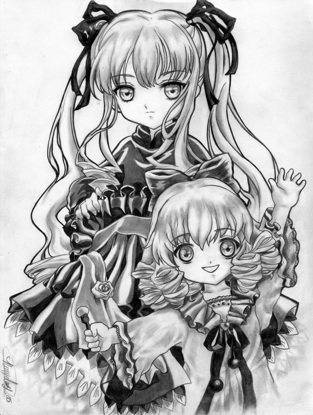 2girls bow dress drill_hair flower greyscale hair_ribbon hinaichigo image long_hair long_sleeves looking_at_viewer monochrome multiple_girls open_mouth pair ribbon rose shinku smile traditional_media twintails