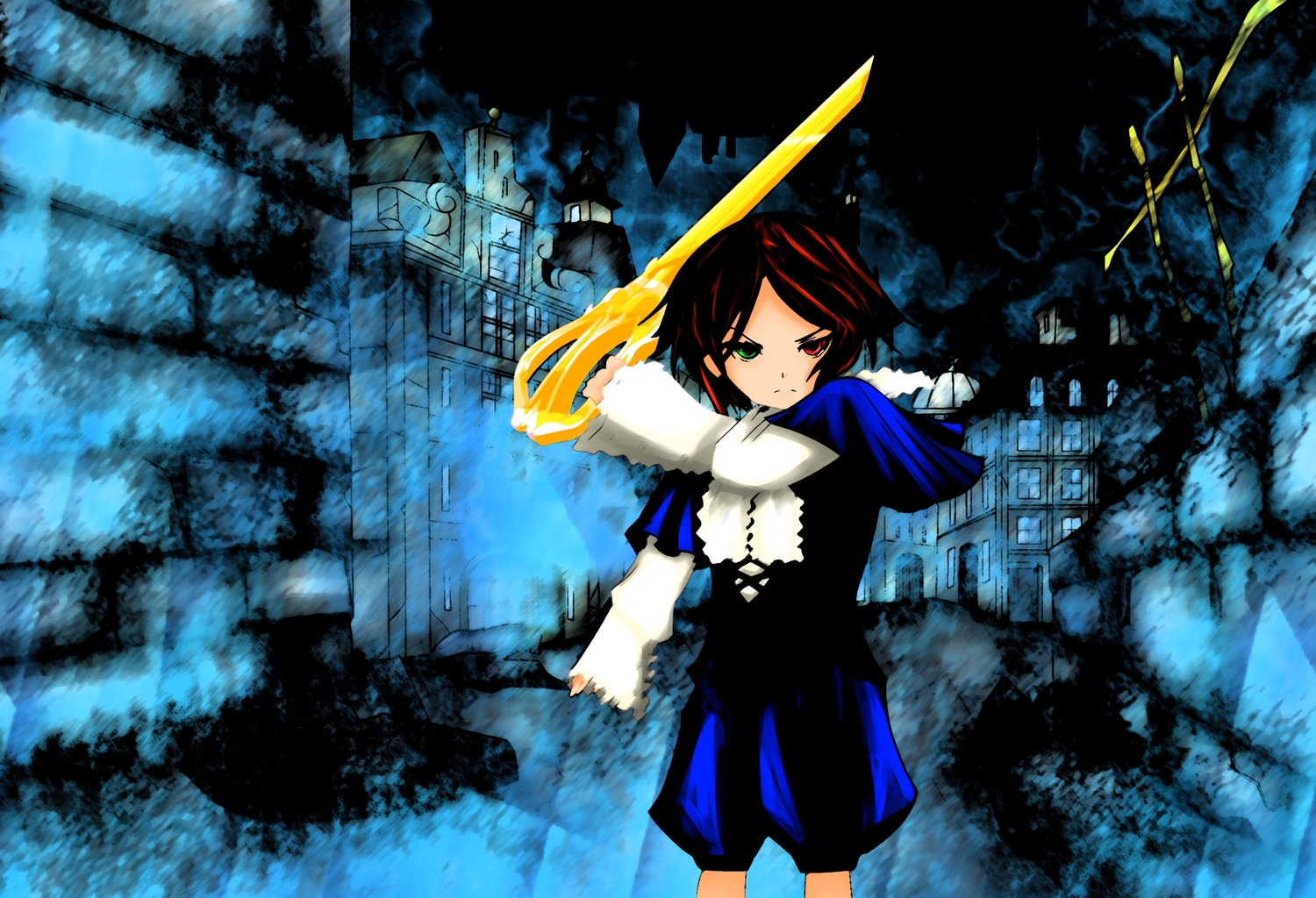 1girl auto_tagged brown_hair building capelet cowboy_shot dress green_eyes heterochromia holding_sword image long_sleeves looking_at_viewer night outdoors red_eyes sky solo souseiseki standing tree