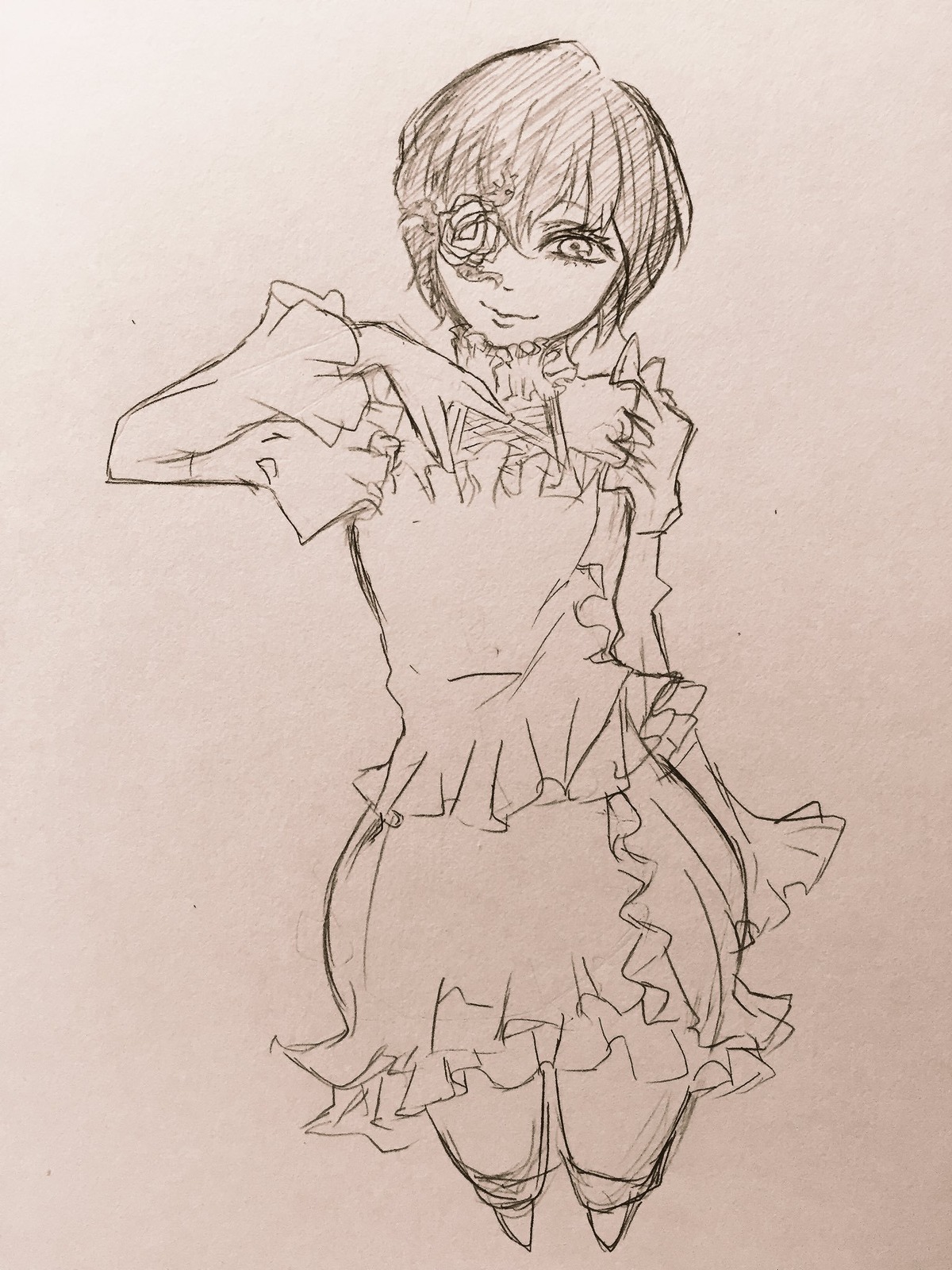 1girl closed_mouth dress frills image kirakishou long_sleeves looking_at_viewer monochrome short_hair smile solo