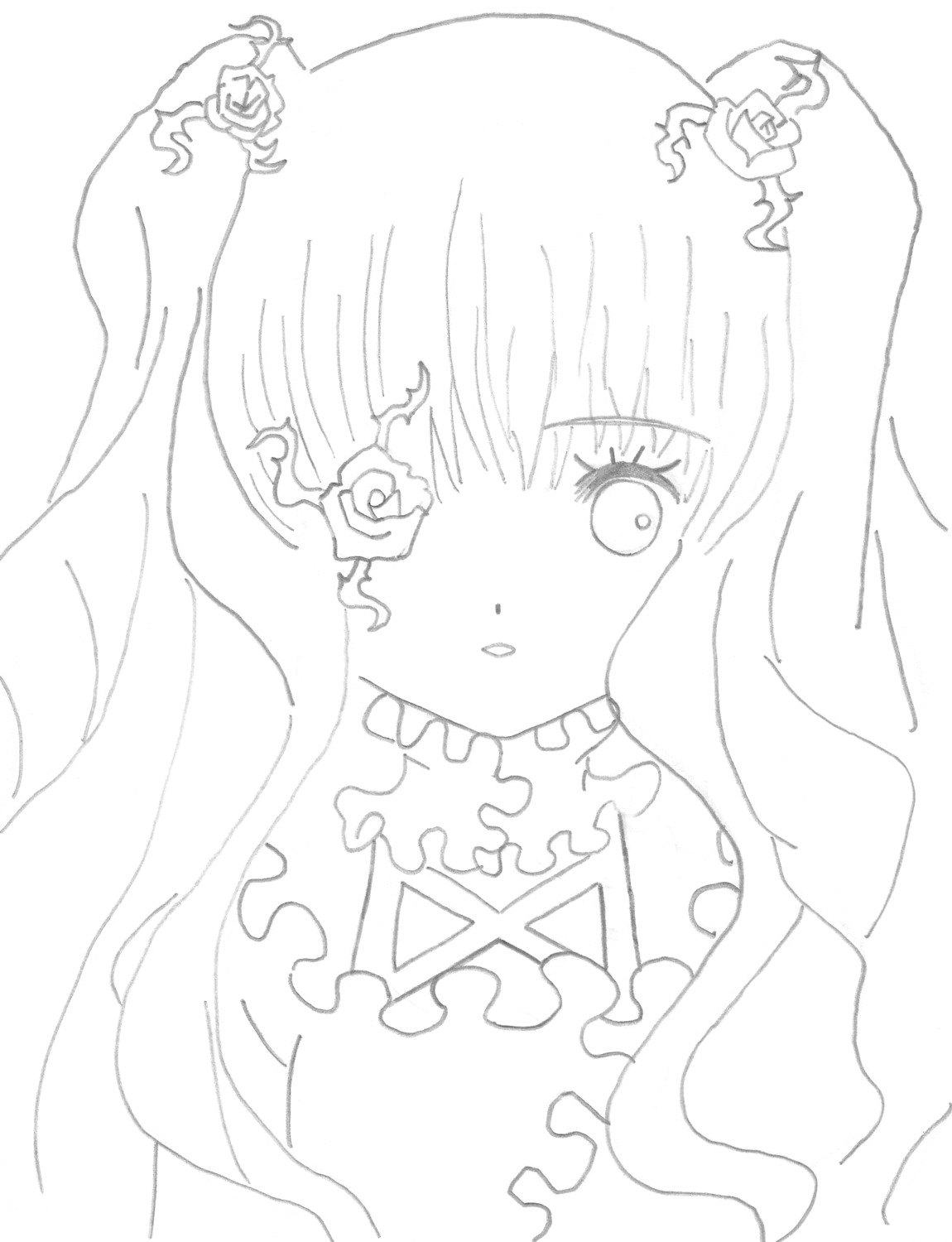 1girl bangs blush eyebrows_visible_through_hair flower greyscale hair_flower hair_ornament image kirakishou long_hair looking_at_viewer monochrome parted_lips rose simple_background solo upper_body veil white_background