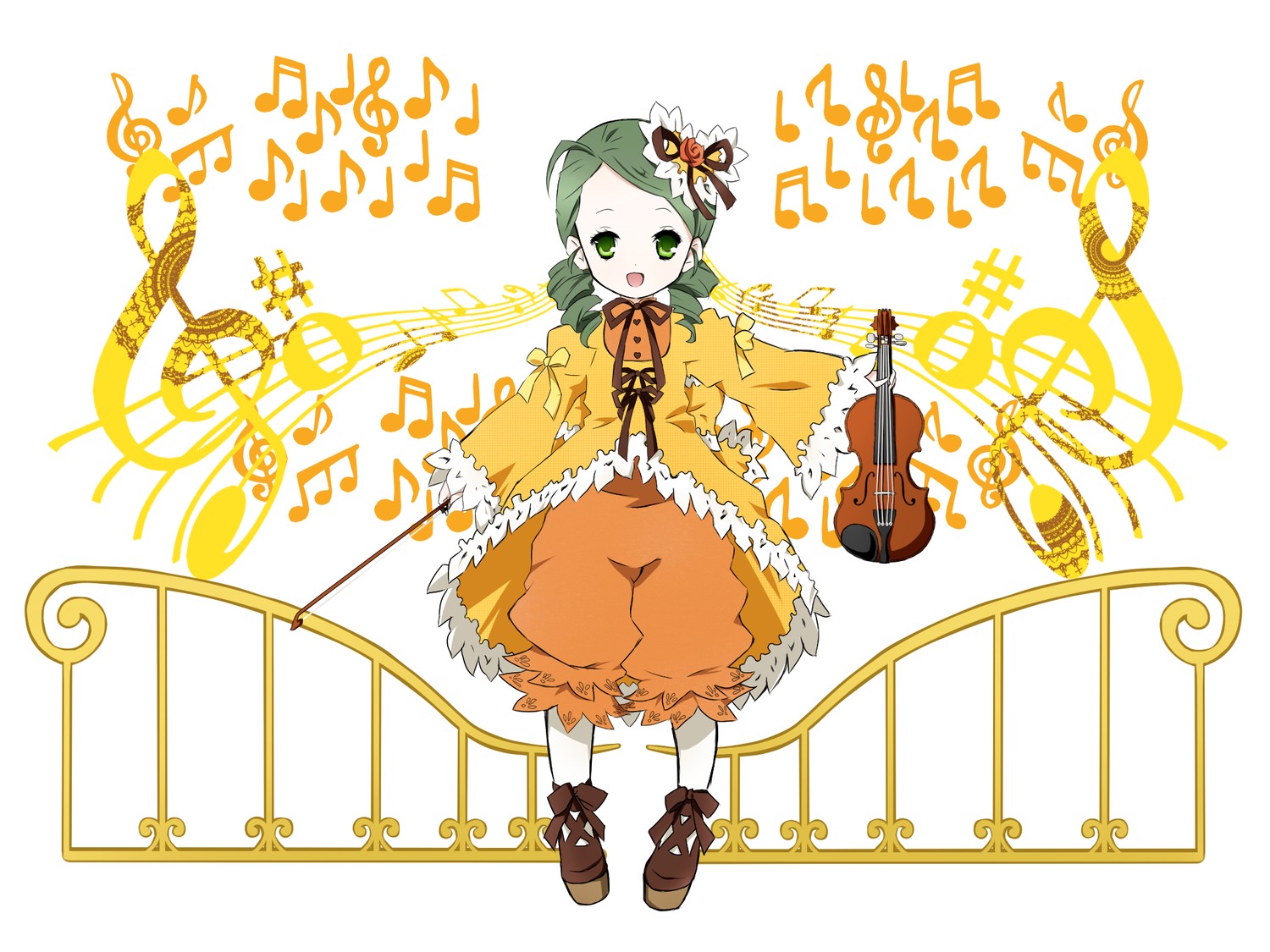 1girl bloomers boots dress drill_hair eighth_note flower full_body green_eyes green_hair hair_ornament image instrument kanaria long_sleeves musical_note open_mouth pantyhose smile solo striped twin_drills underwear