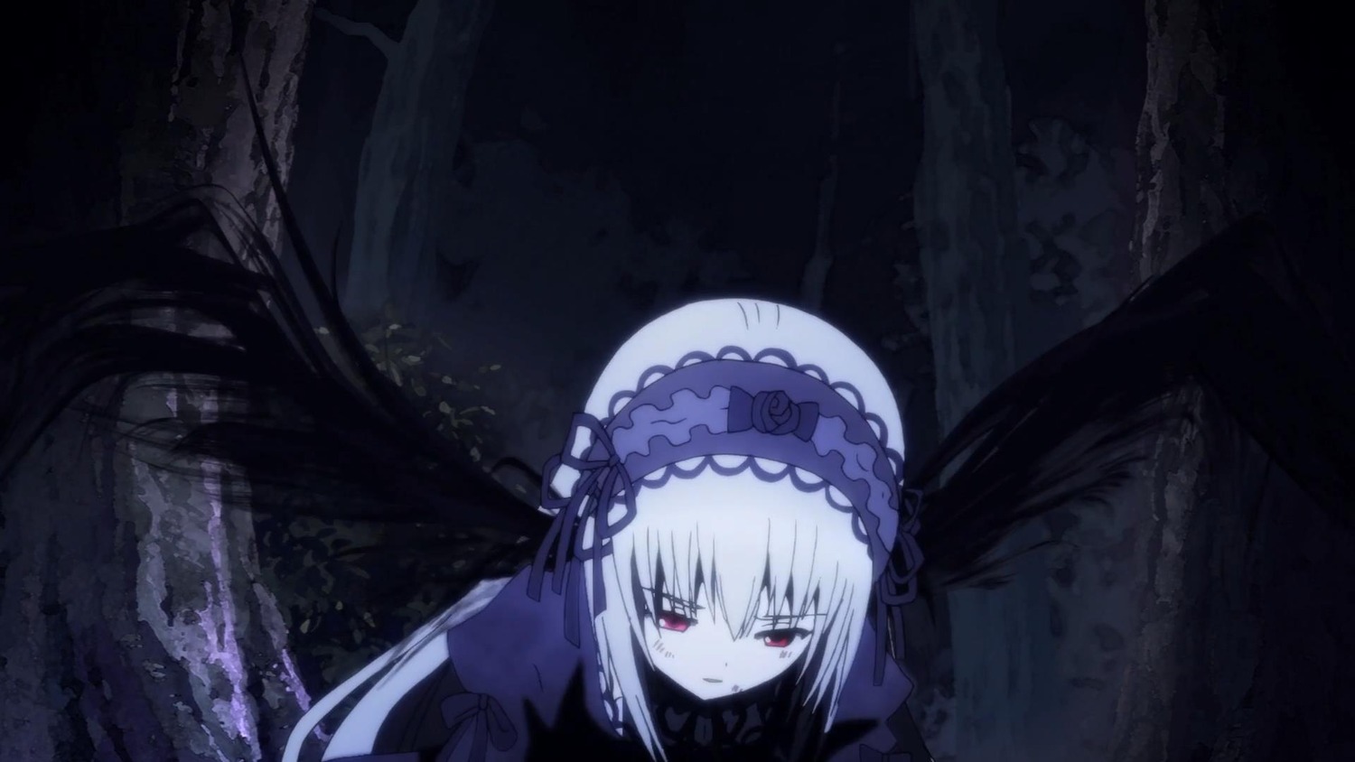 1girl bangs black_dress black_ribbon black_wings closed_mouth dress frills hairband image long_hair long_sleeves looking_at_viewer red_eyes ribbon silver_hair smile solo suigintou very_long_hair wings