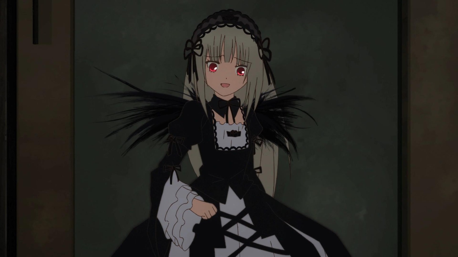 1girl :d black_dress black_ribbon black_wings dress frills gothic_lolita hairband image juliet_sleeves long_hair long_sleeves looking_at_viewer open_mouth puffy_sleeves red_eyes ribbon smile solo suigintou wide_sleeves wings