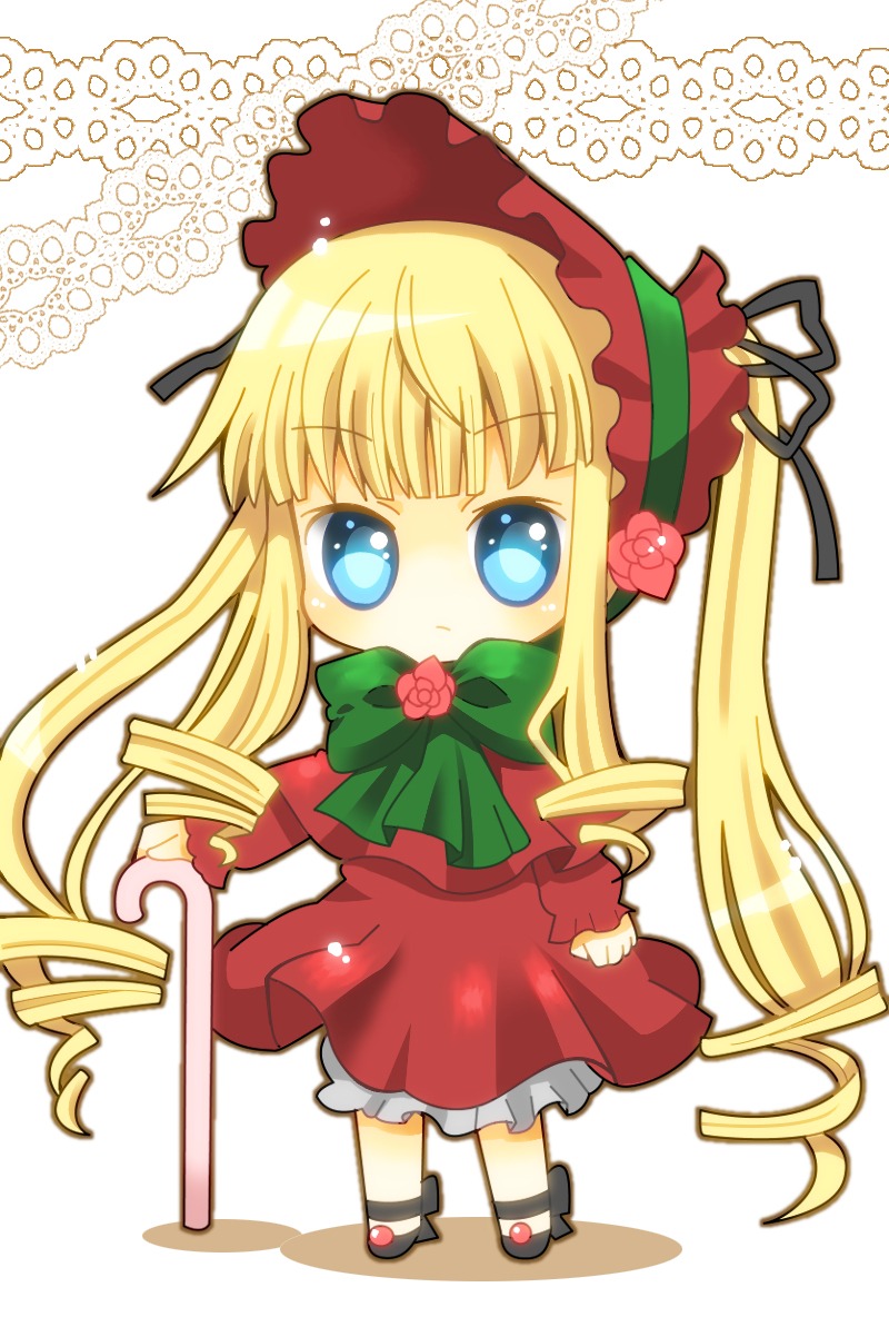 1girl blonde_hair blue_eyes bonnet bow bowtie chibi cup dress drill_hair flower full_body green_bow image long_hair long_sleeves looking_at_viewer pink_rose red_dress rose shinku sidelocks simple_background solo standing twin_drills twintails very_long_hair white_background