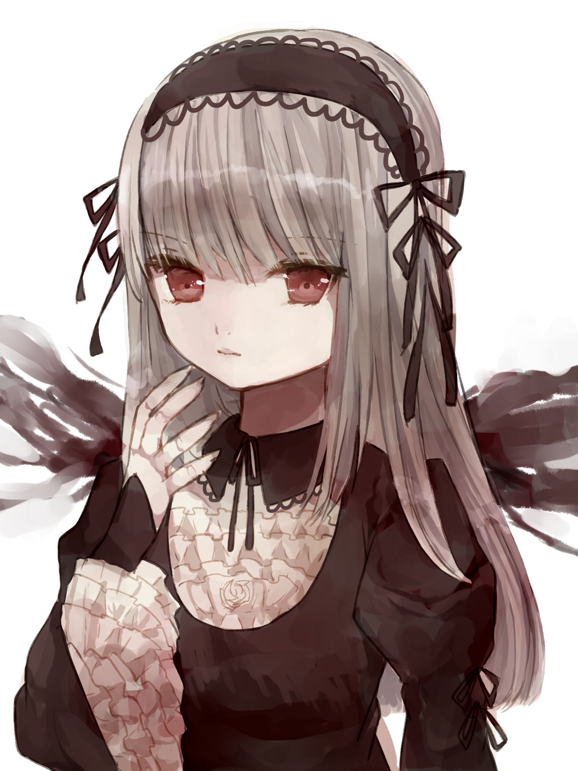 1girl bangs black_dress black_ribbon black_wings closed_mouth dress eyebrows_visible_through_hair frills hairband image juliet_sleeves long_hair long_sleeves looking_at_viewer puffy_sleeves red_eyes ribbon rose silver_hair simple_background sleeves_past_wrists solo suigintou upper_body white_background wings