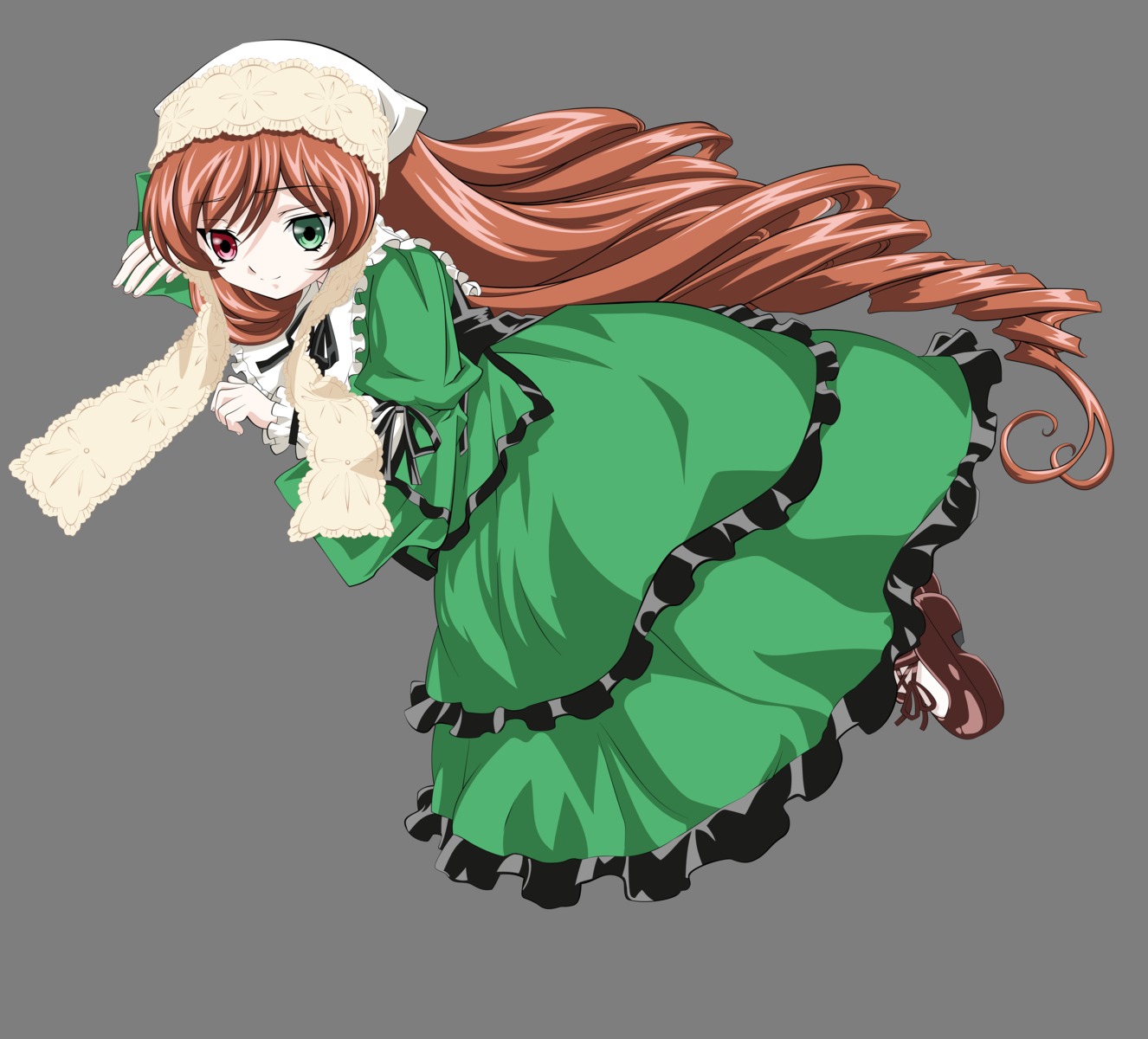 1girl boots brown_hair dress drill_hair frills full_body green_dress green_eyes hat heterochromia image long_hair long_sleeves looking_at_viewer red_eyes simple_background solo standing striped suiseiseki twin_drills very_long_hair white_background