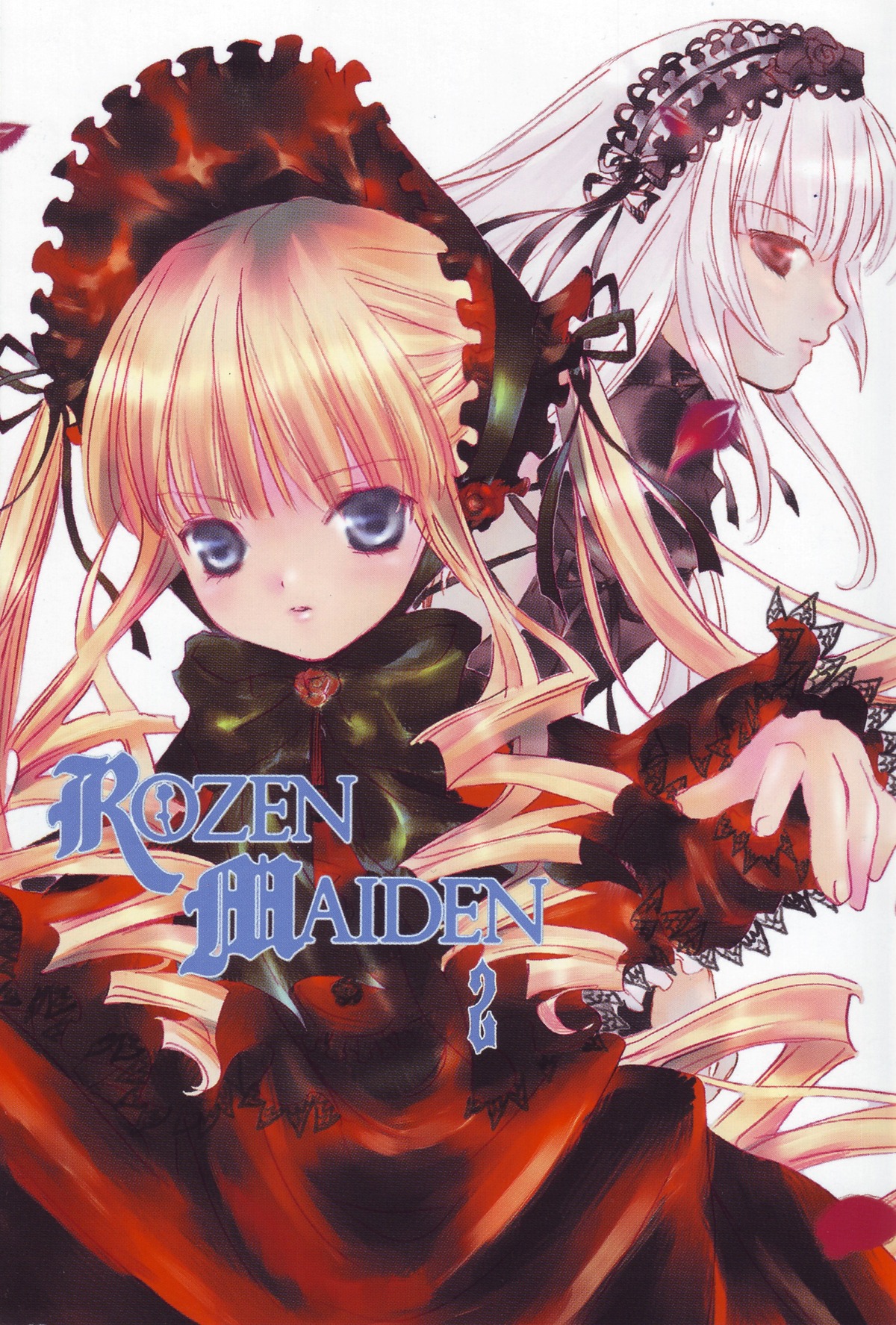 2girls blonde_hair blue_eyes bonnet cover cover_page doujin_cover dress drill_hair frills hairband image long_hair long_sleeves looking_at_viewer multiple_girls pair red_dress shinku silver_hair simple_background suigintou twintails white_background