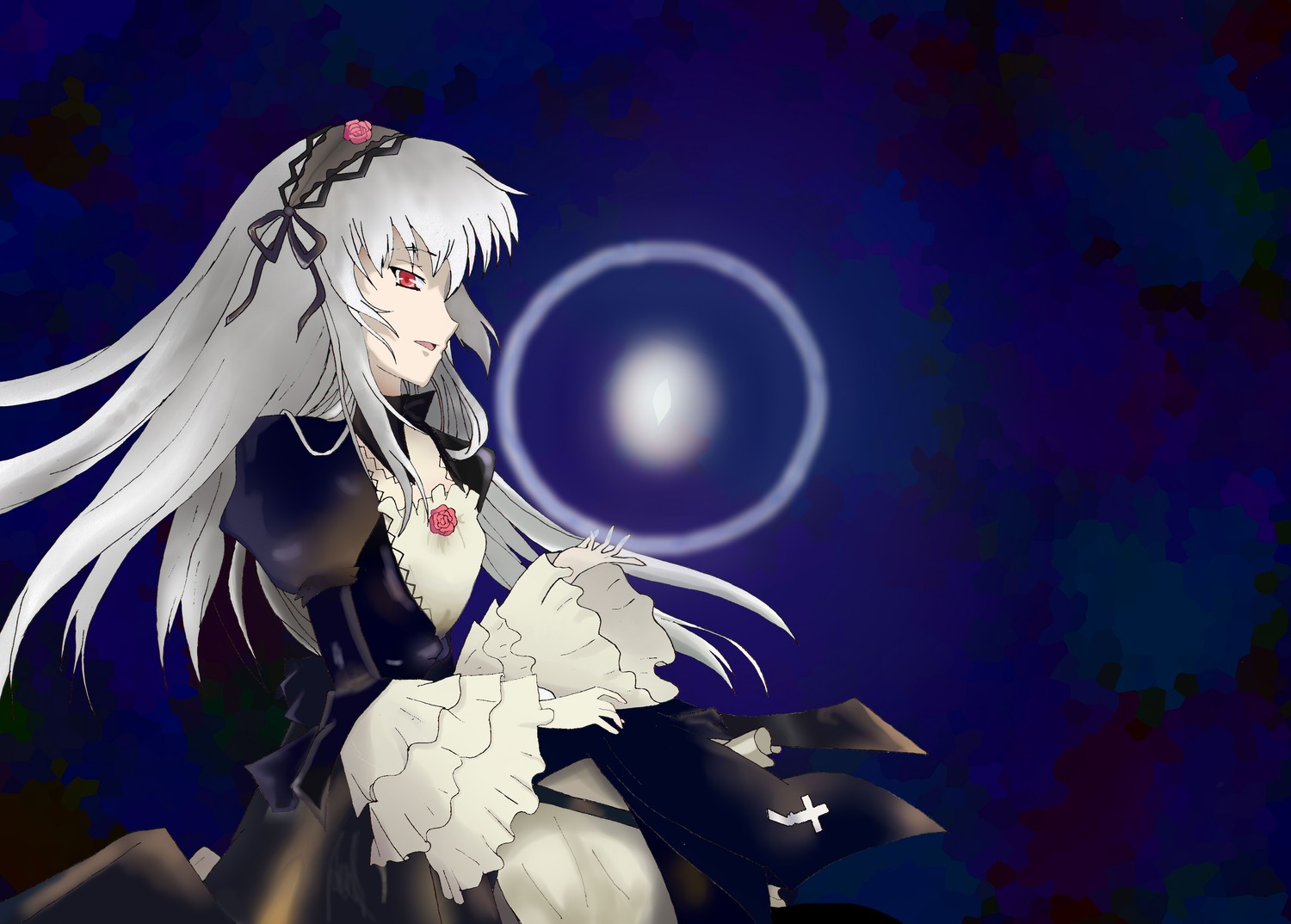 1girl black_dress detached_collar dress flower frills hairband image long_hair long_sleeves looking_afar night profile red_eyes rose silver_hair solo suigintou very_long_hair wide_sleeves wings