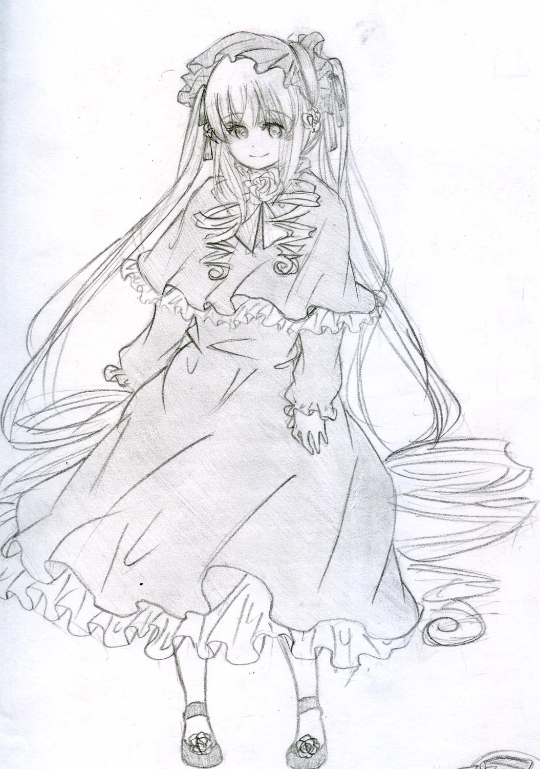 1girl blush capelet dress eyebrows_visible_through_hair frills full_body hairband image lolita_fashion long_hair long_sleeves looking_at_viewer monochrome shinku smile solo traditional_media very_long_hair