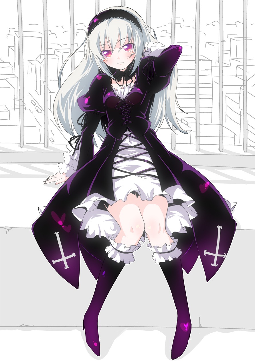 1girl black_footwear boots commentary_request dress frills hairband highres image juliet_sleeves knee_boots long_hair long_sleeves looking_at_viewer puffy_sleeves purple_eyes rozen_maiden silver_hair solo suigintou sw_(taco)