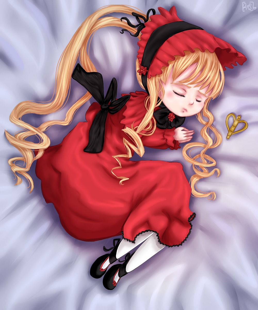 1girl blonde_hair bonnet bow closed_eyes dress full_body image long_hair long_sleeves lying on_side red_dress ribbon shinku shoes sleeping solo twintails very_long_hair