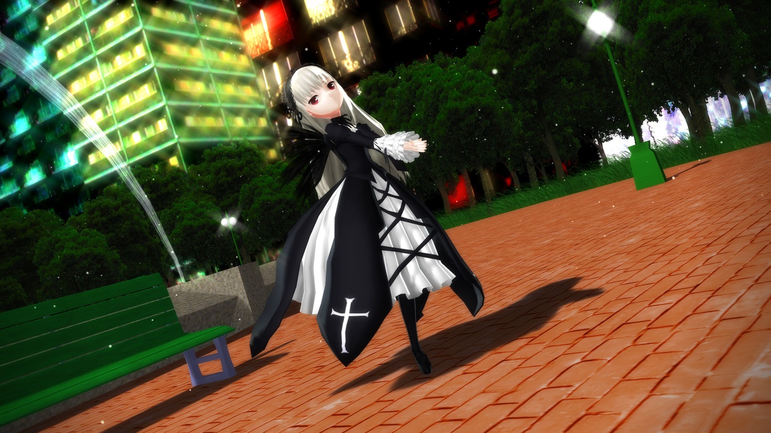 1girl black_dress black_legwear boots building dress image long_hair long_sleeves looking_at_viewer night outdoors red_eyes solo standing suigintou