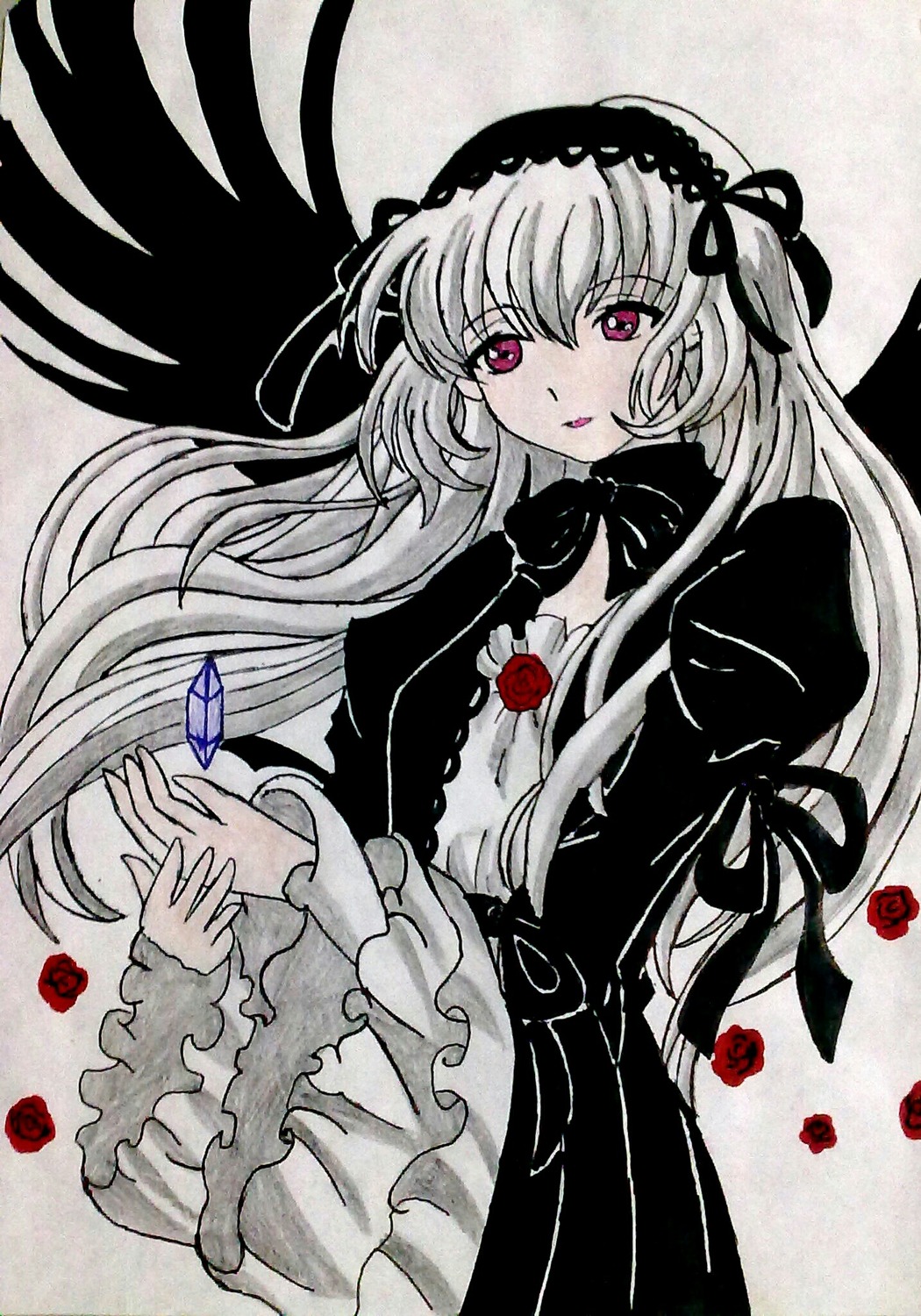 1girl dress flower frills gothic_lolita hairband image lolita_fashion long_hair long_sleeves looking_at_viewer petals red_flower red_rose ribbon rose rose_petals solo spot_color suigintou traditional_media very_long_hair wings