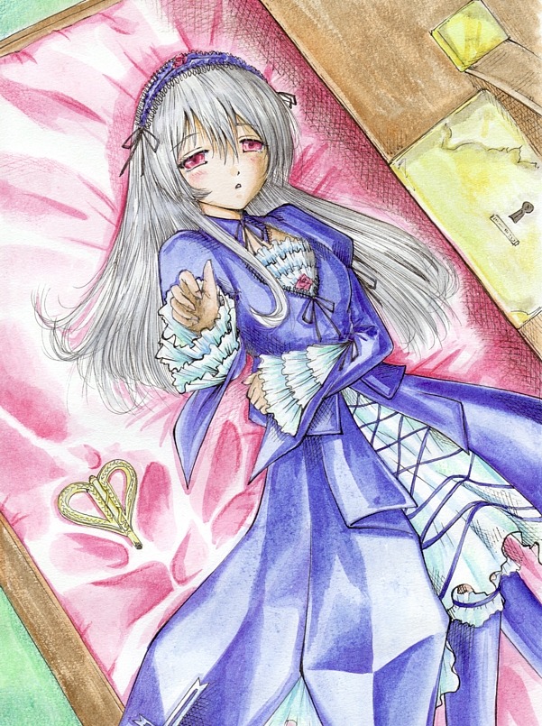 1girl blush colored_pencil_(medium) dress flower frills hairband image lolita_hairband long_hair long_sleeves looking_at_viewer lying marker_(medium) on_back pink_eyes red_eyes ribbon silver_hair solo suigintou traditional_media watercolor_(medium)