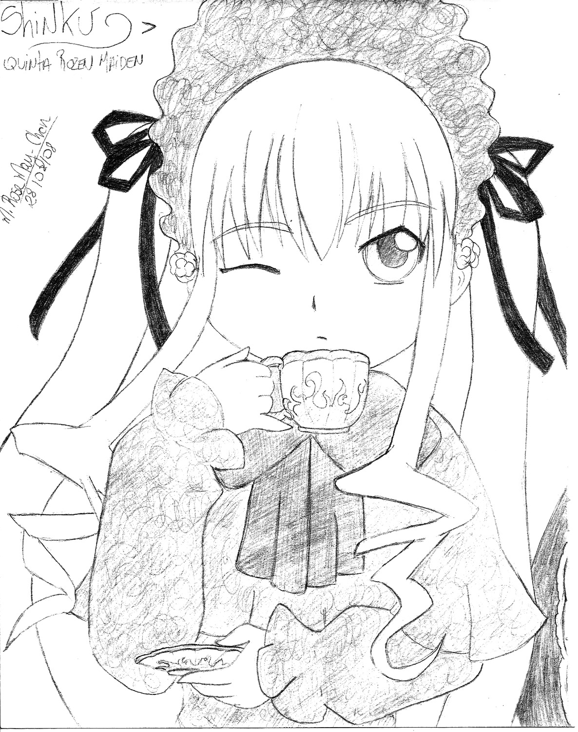 1girl blush eating food greyscale image long_hair long_sleeves monochrome one_eye_closed shinku solo suigintou upper_body