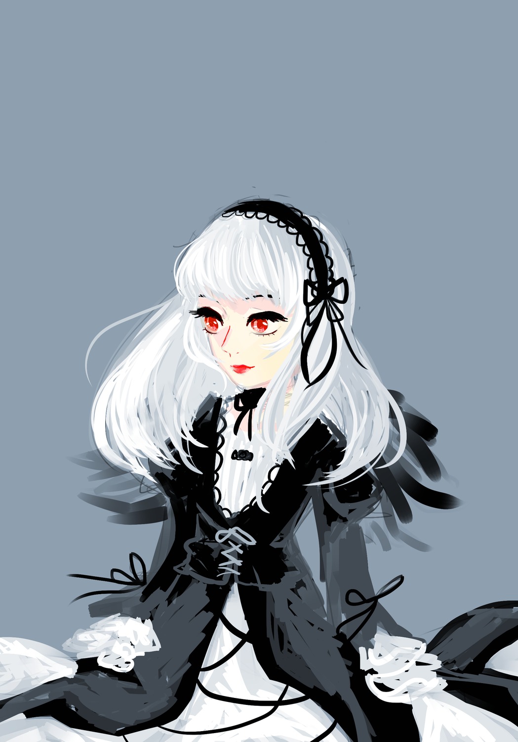 1girl black_dress black_ribbon dress feathers frills gothic_lolita grey_background hairband image lolita_fashion long_hair long_sleeves looking_at_viewer red_eyes ribbon simple_background solo suigintou white_hair wings