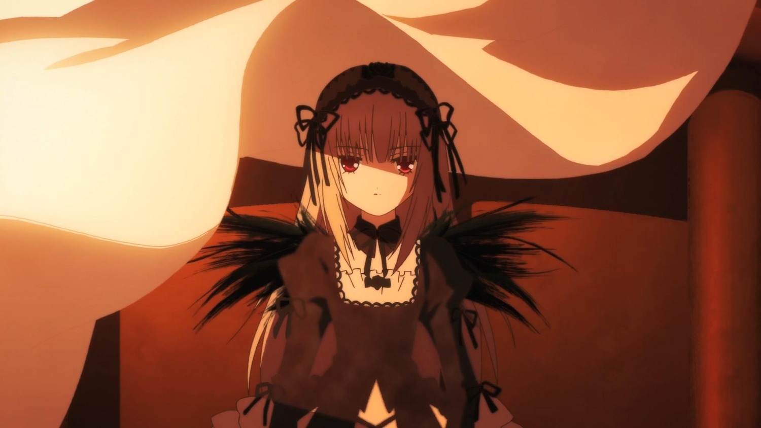 1girl auto_tagged bangs black_dress black_ribbon black_wings chair closed_mouth dress eyebrows_visible_through_hair feathered_wings frills hairband image juliet_sleeves long_hair long_sleeves looking_at_viewer possible_duplicate puffy_sleeves ribbon sitting solo suigintou wings