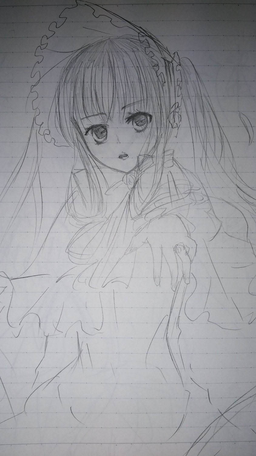1girl dress image long_hair long_sleeves looking_at_viewer monochrome open_mouth rain shinku sketch solo traditional_media twintails
