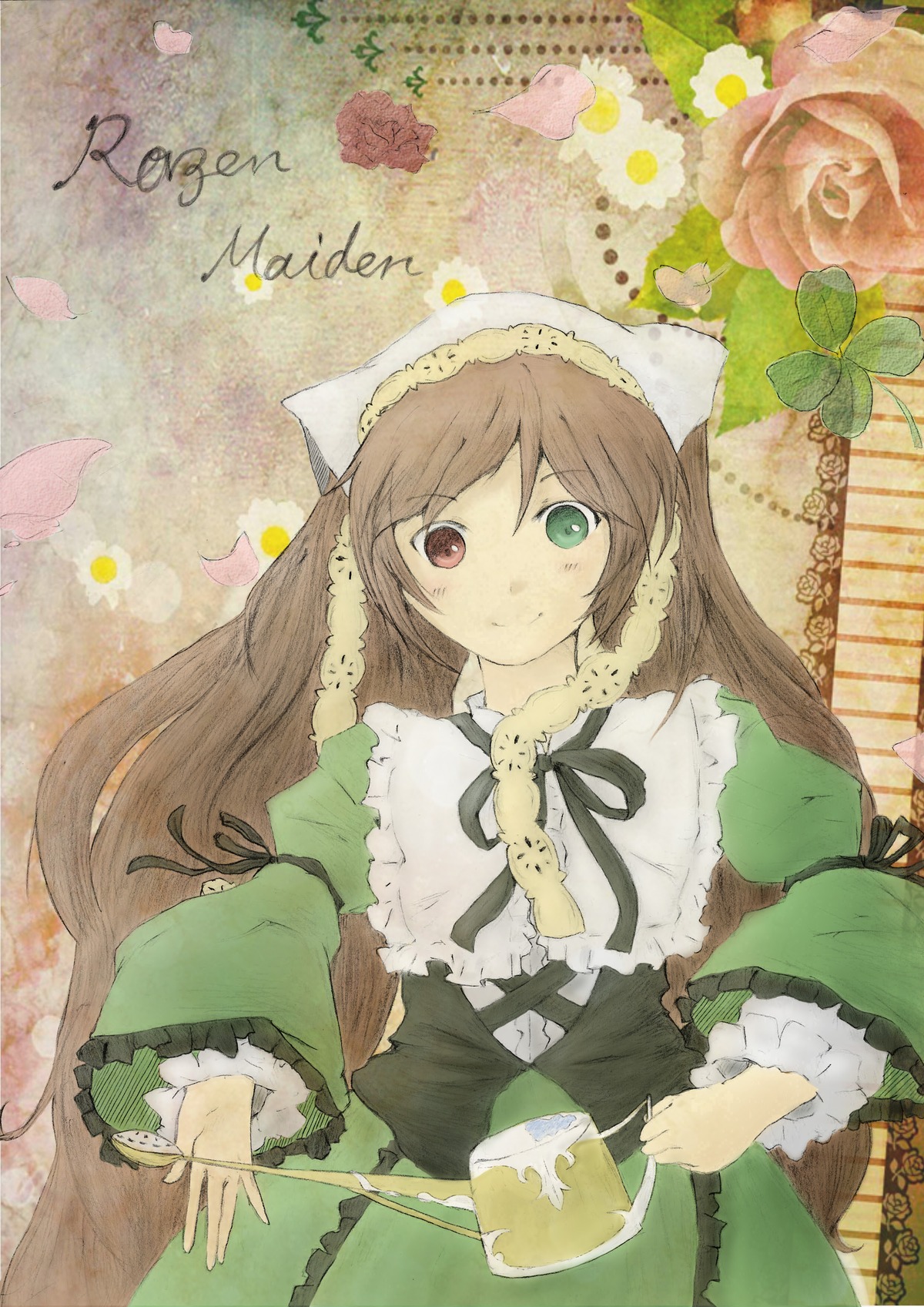 1girl auto_tagged brown_hair dress flower frills green_dress green_eyes heterochromia image long_hair long_sleeves looking_at_viewer red_eyes ribbon smile solo suiseiseki very_long_hair watering_can wide_sleeves