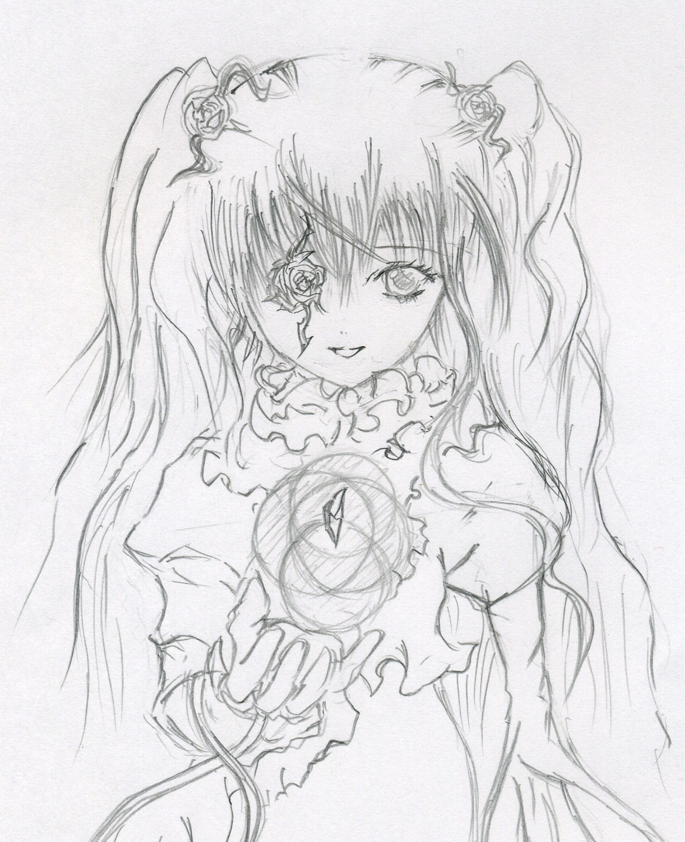 1girl dress flower frills greyscale hair_ornament image kirakishou long_hair long_sleeves looking_at_viewer monochrome rose smile solo traditional_media twintails