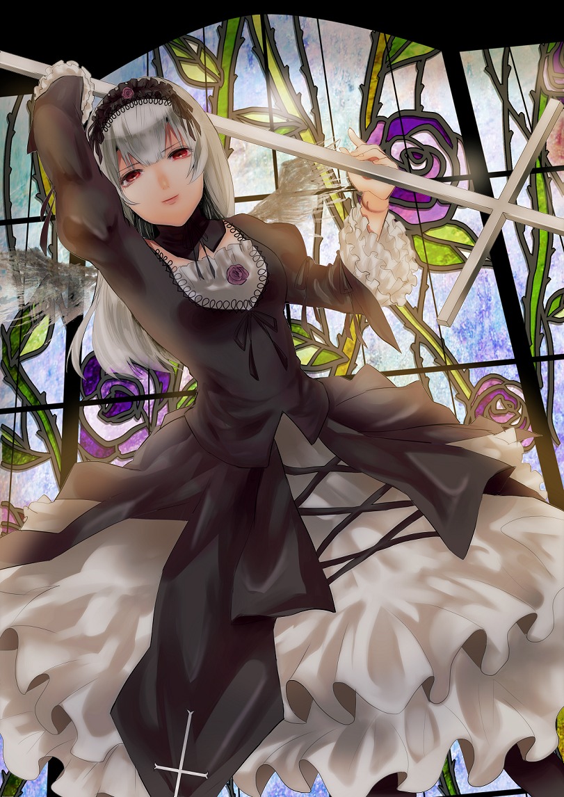 1girl dress flower frills gothic_lolita hairband image lolita_fashion lolita_hairband long_hair long_sleeves looking_at_viewer red_eyes ribbon rose silver_hair solo suigintou vines